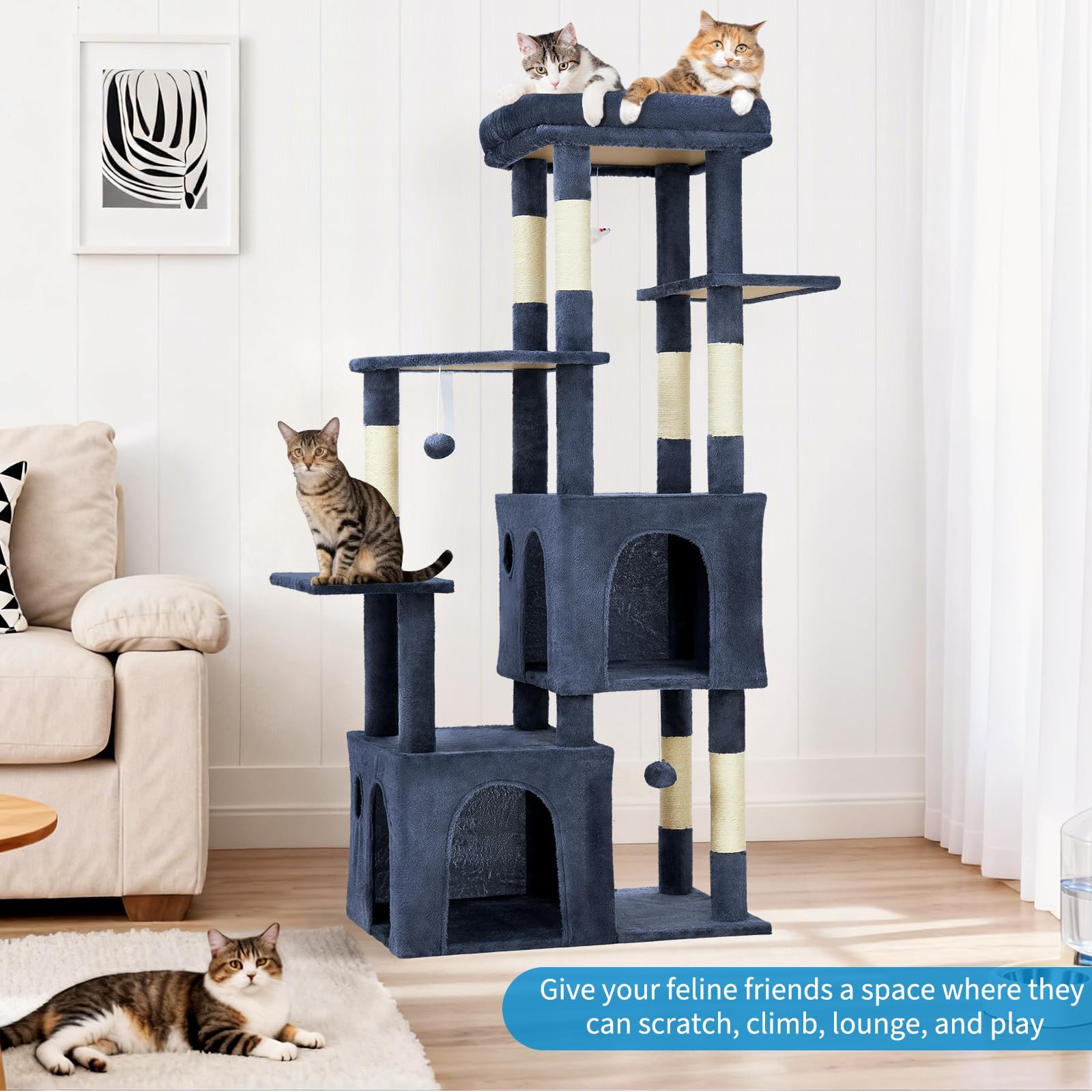 Garvee 61" Multi-Level Cat Tree for Indoor Cats, Heavy-Duty Tower for Large Adult & Maine Coon Cats with Oversized Perch, Dual Condos, Natural Sisal Scratching Posts & Play Toys – Blue