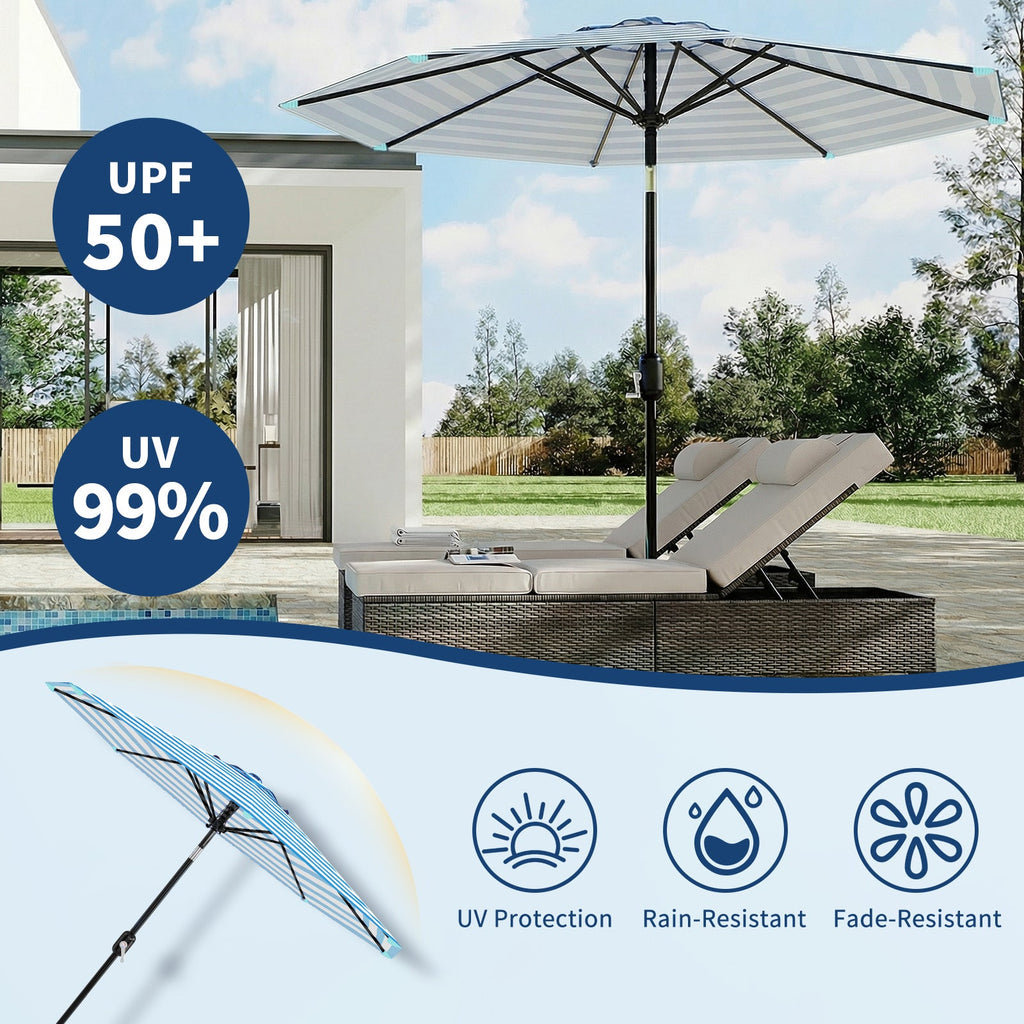Garvee 9 ft Outdoor Patio Umbrella with 8 Sturdy Ribs, Crank Lift, Push-Button Tilt & UV-Resistant Waterproof Canopy for Pool, Deck, Yard & Garden, Blue & White Stripes