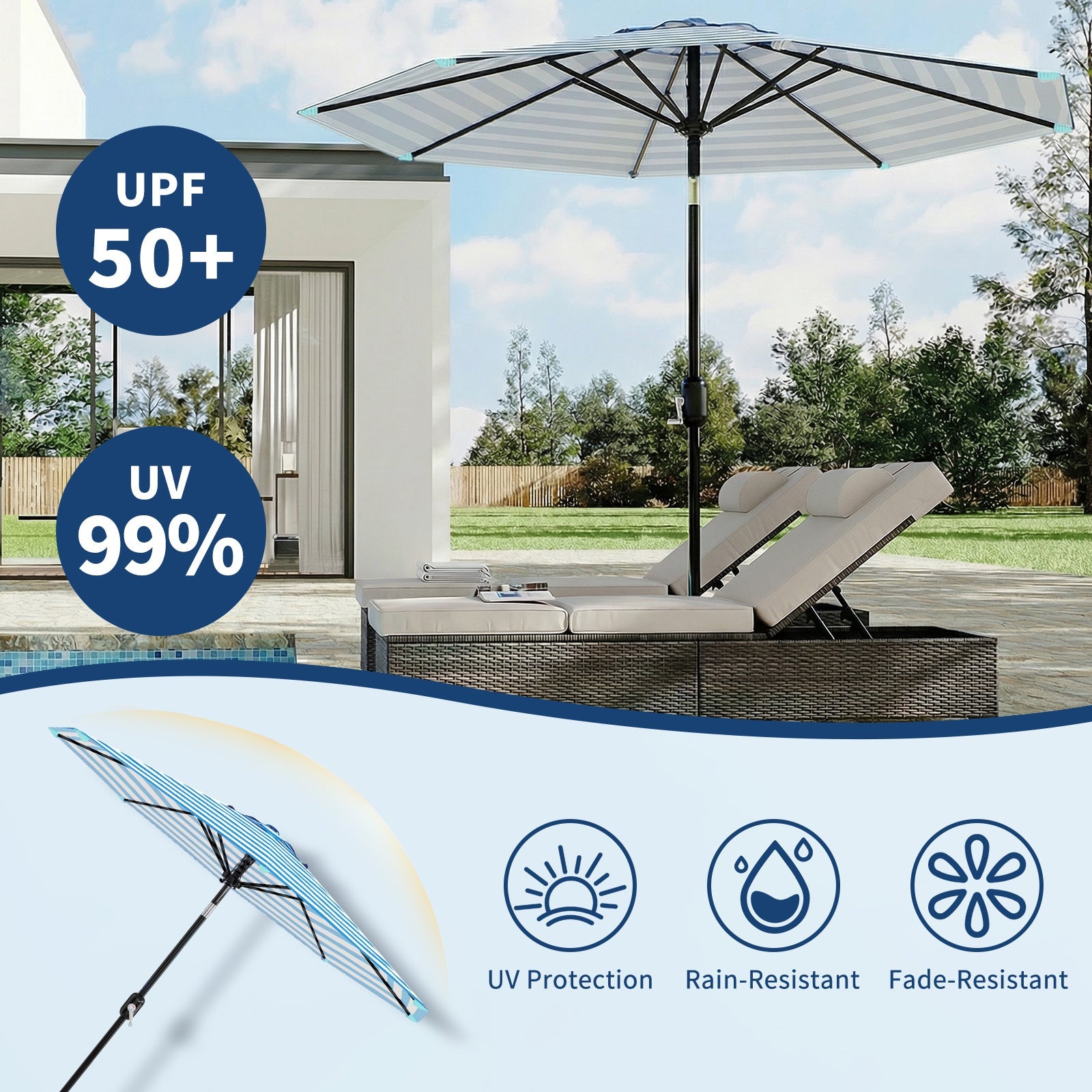 Garvee 9 ft Outdoor Patio Umbrella with 8 Sturdy Ribs, Crank Lift, Push-Button Tilt & UV-Resistant Waterproof Canopy for Pool, Deck, Yard & Garden, Blue & White Stripes