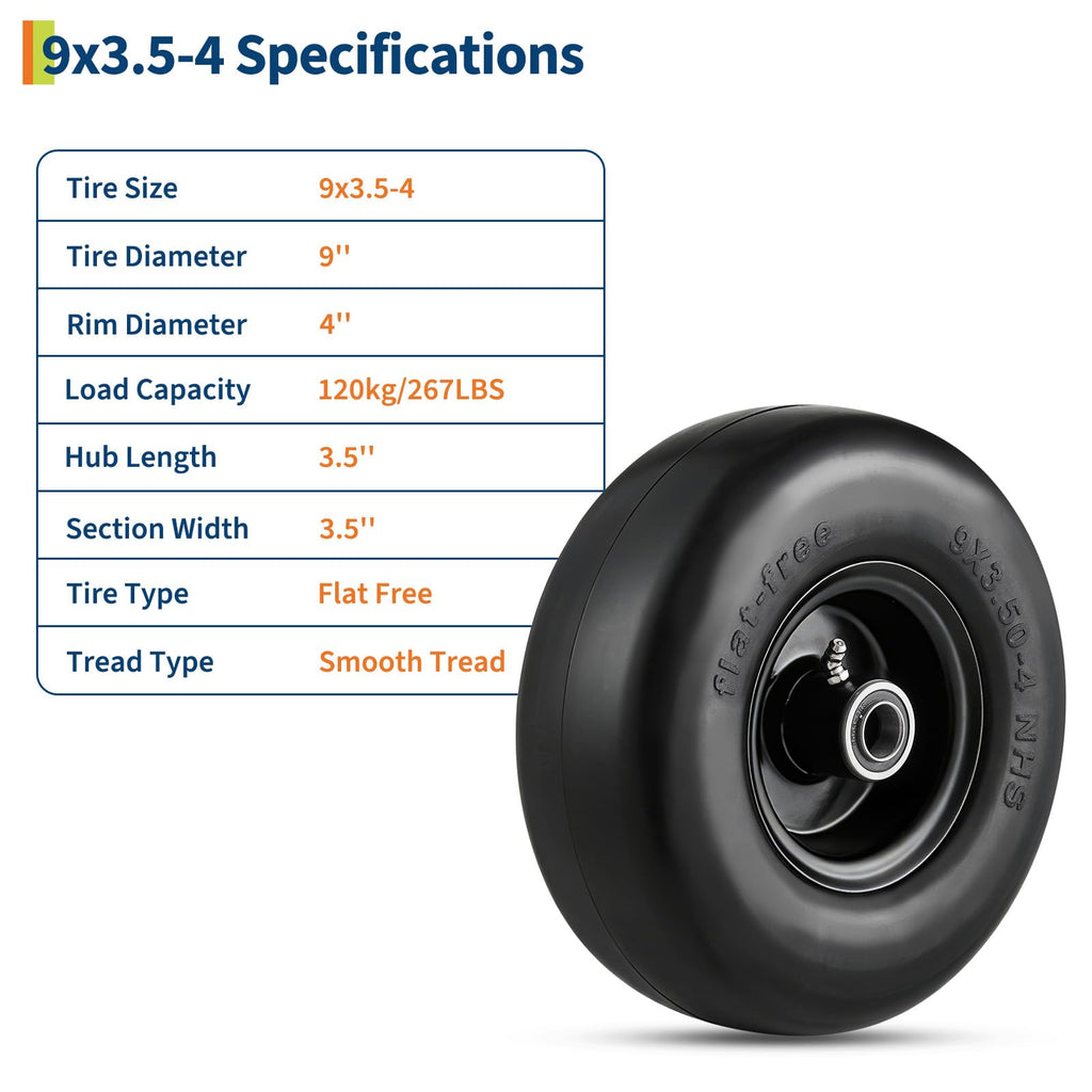 Garvee 2 Pack 9x3.50-4 Flat Free Lawn Mower Tire with PU Foam, Steel Rim, 3/4" 5/8" Bushings, Durable, Zero Maintenance for Push Mower