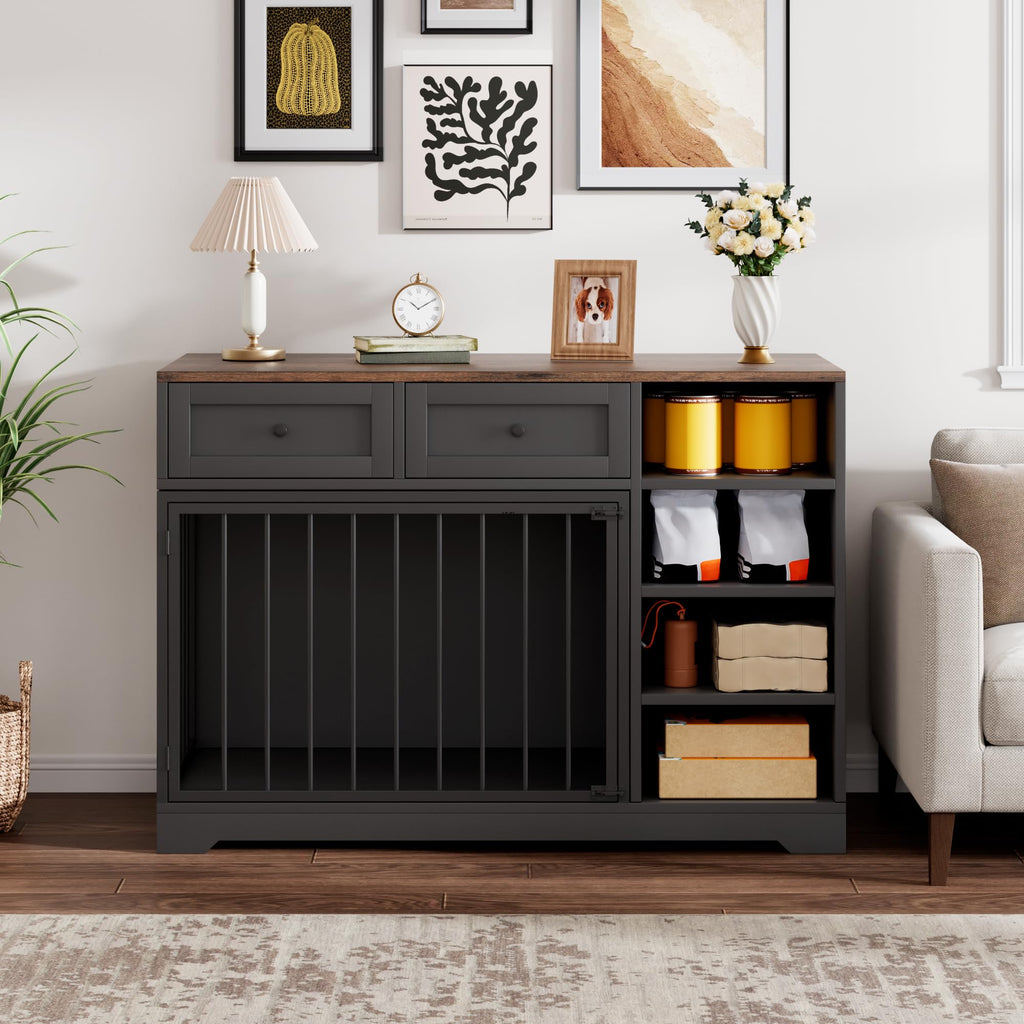 Garvee 47" Dog Crate Furniture Indoor with 2 Drawers & 4 Shelves, Large Dogs Kennel Furniture TV Stand, Wooden Dog Cage for Large Medium Dogs, Black