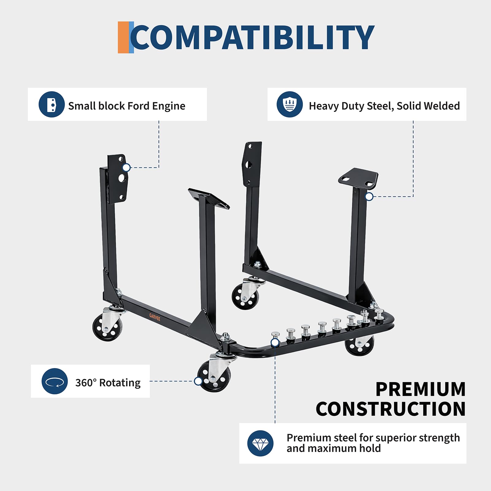Garvee Engine Cradle with Wheels, 750 LBS Load Capacity Rolling Engine Stand with 4 Swivel Casters and 4 Hook Positions, Engine Cradle Rolling Stand for Chevy Small Block and Big Block