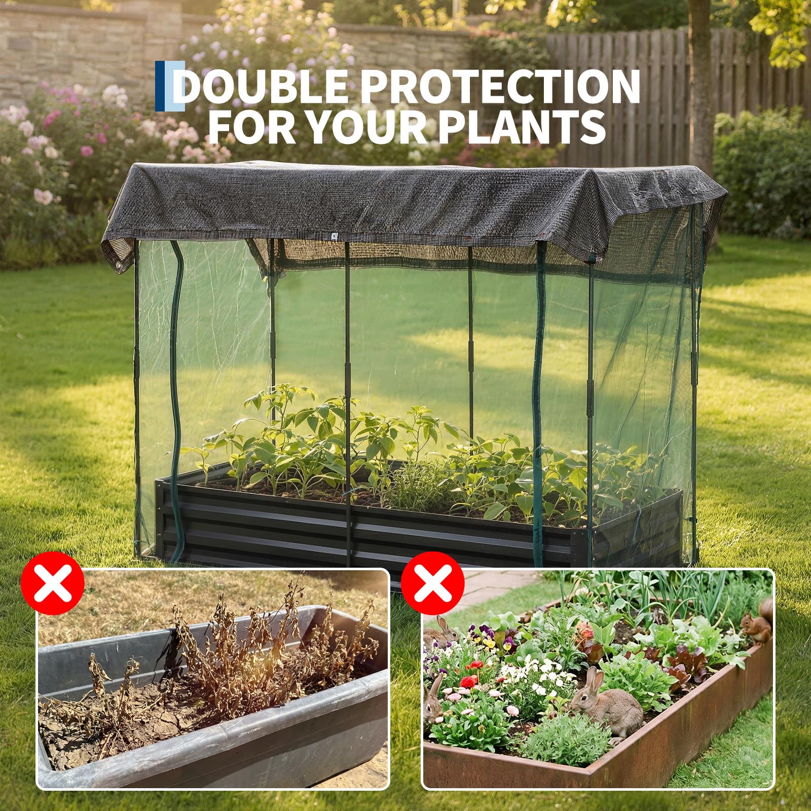 Garvee 8 x 4 x 1 FT Galvanized Raised Garden Bed with Crop Cage, 60% Shade Cloth, Zippered Mesh Doors & Pest Barrier for Vegetables, Herbs and Flowers, Black