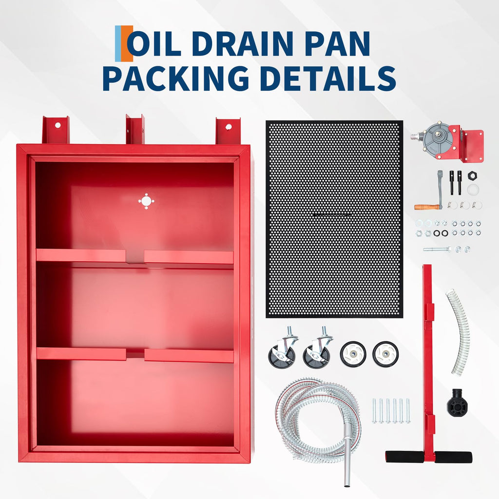 Garvee 25 Gallon Low Profile Oil Drain Pan with 110V Electric Pump - Heavy Duty Oil Change Cart - 8.2 Ft Hose, Rolling Casters, Collapsible T-Handle - For Cars, Trucks, SUVs, RVs - Waistline Version, Red, 25 Gallons, 110V Electric Pump, 8.2 Ft Hose