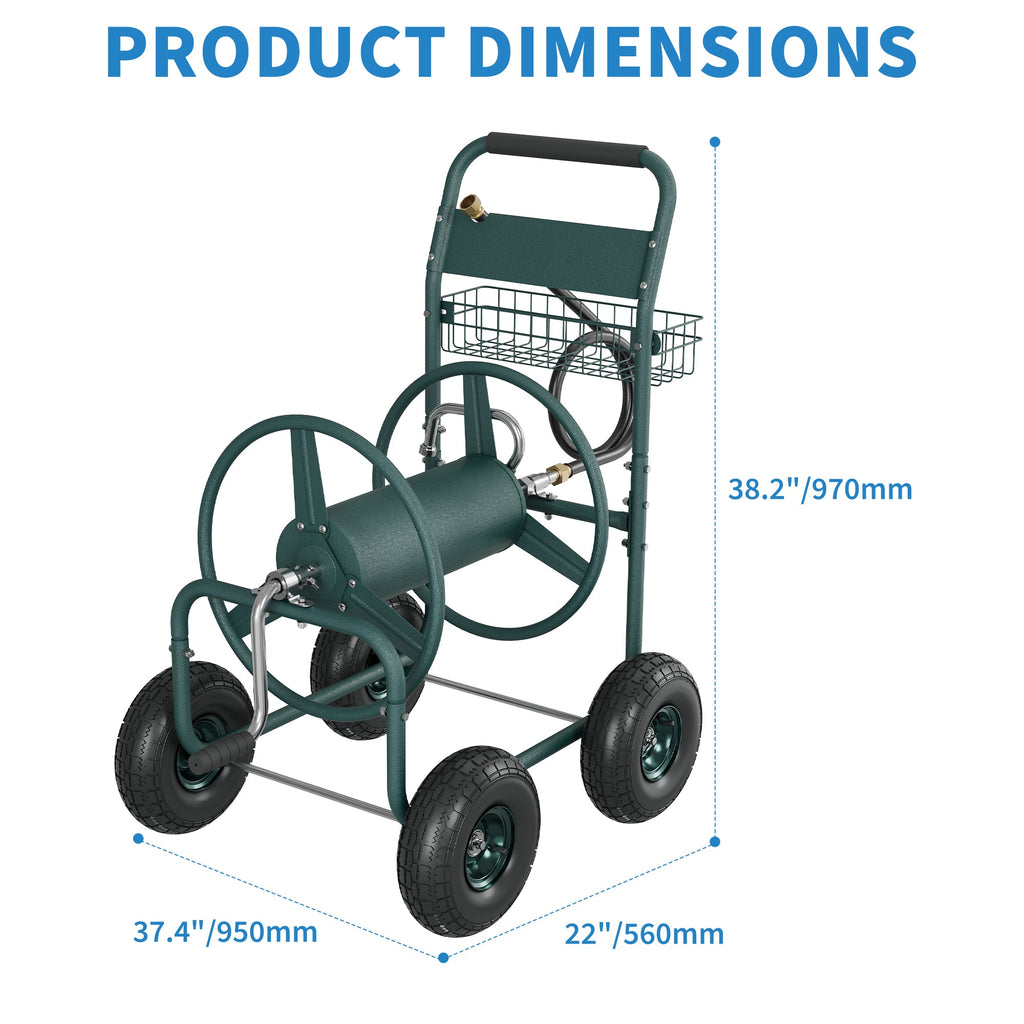 Garvee Garden Hose Reel Cart, 300 FT Capacity, 4 Pneumatic Wheels, 32" × 24" × 38.2" Steel Cart with Storage Basket for Large Yards, Green