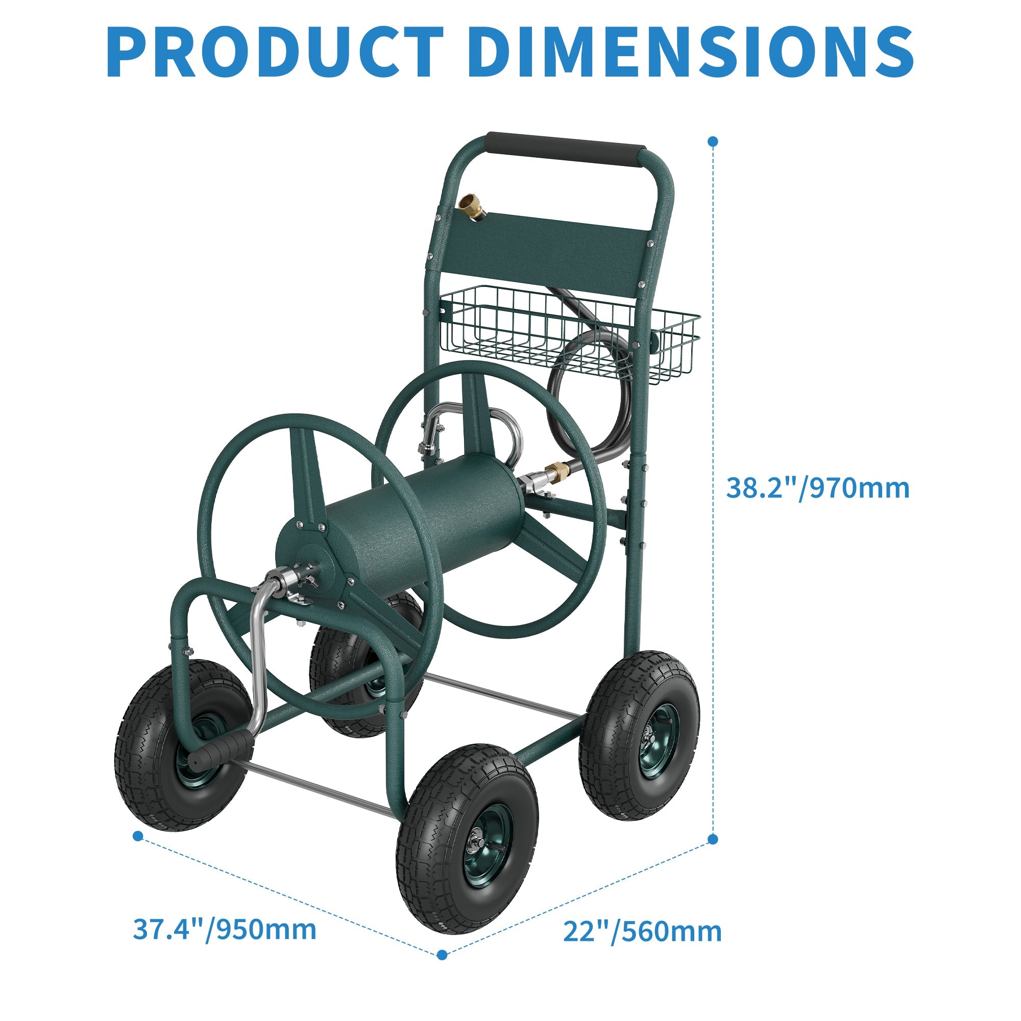 Garvee Garden Hose Reel Cart, 300 FT Capacity, 4 Pneumatic Wheels, 32" × 24" × 38.2" Steel Cart with Storage Basket for Large Yards, Green