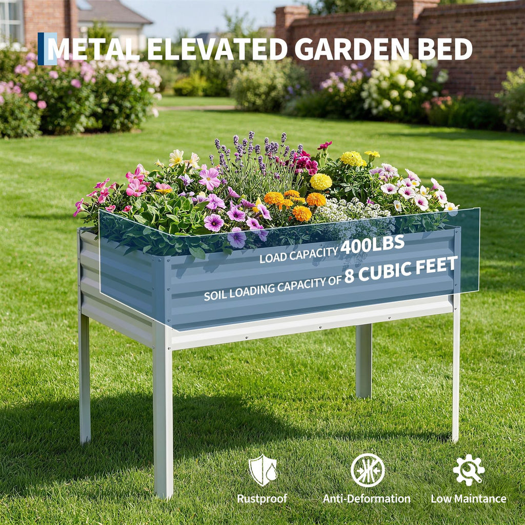 Garvee Elevated Raised Garden Bed, 48 x 24 x 56-Inch Galvanized Metal Planter with Greenhouse Cover, Bird Net and 4 Plant Signs for Patio Gardening, Silver
