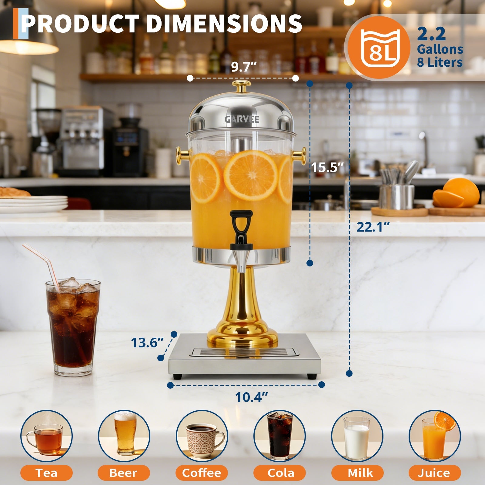 Garvee 2.2 Gallon Commercial Drink Dispenser, Stainless Steel Beverage Dispenser with Ice Core, Stand & Spigot for Cold Juice, Iced Tea and Lemonade at Parties & Weddings, Gold