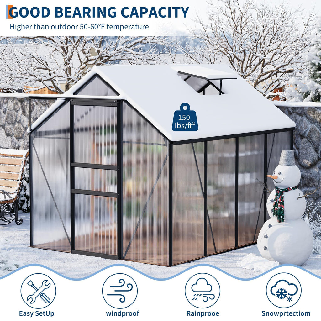 Garvee 6 x 8 FT Polycarbonate Greenhouse with Aluminum Frame, Sliding Door & Adjustable Roof Vent, Heavy-Duty Outdoor Greenhouse for Backyard, Garden, Patio