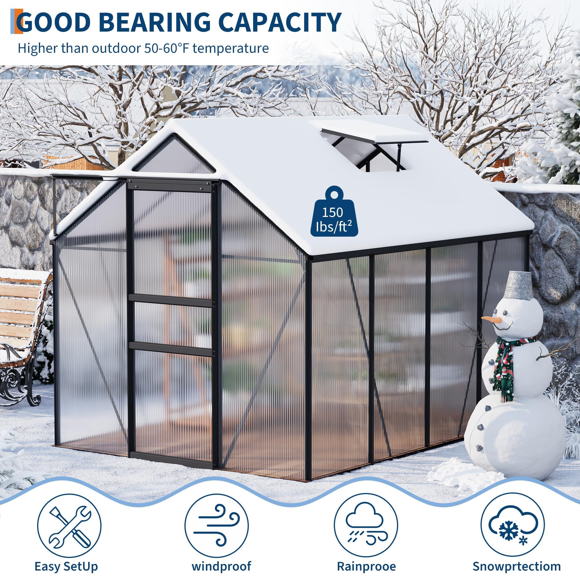 Garvee 6 x 8 FT Polycarbonate Greenhouse with Aluminum Frame, Sliding Door & Adjustable Roof Vent, Heavy-Duty Outdoor Greenhouse for Backyard, Garden, Patio