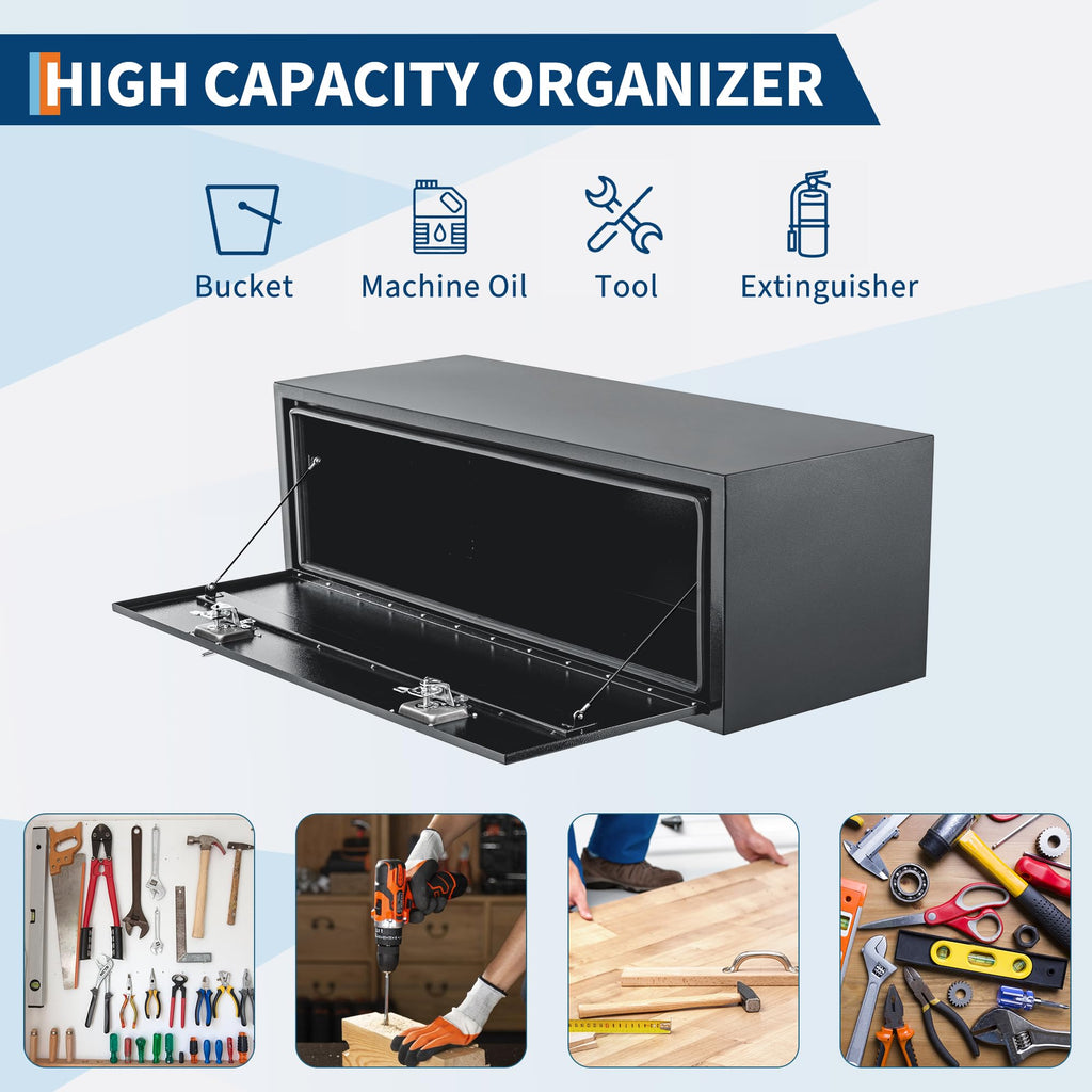 Garvee 48 x 16 x 13 in Black Steel Underbody Truck Tool Box with T-Handle fastener – Heavy Duty Weather-Resistant Storage Chest for Pickup Truck Bed, RV, Trailer, Black Base Silver Flower Spray Plastic, Underbody Tool Box