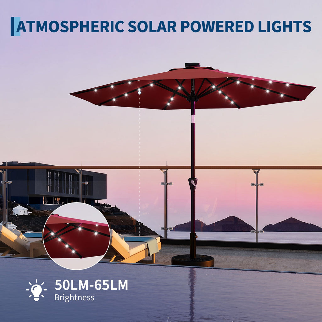 Garvee 9FT Solar LED Patio Umbrella, Waterproof Outdoor Market Table Umbrella with 8 Ribs, Crank Lift, Push Button Tilt, UV Protection for Garden, Pool & Deck, Red