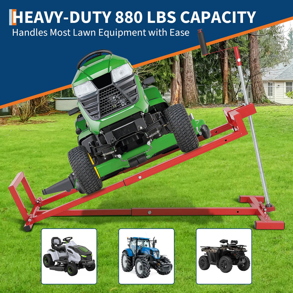 Garvee Lawn Mower Lift Jack, 880 Lbs Capacity Telescopic Maintenance Jack for Riding Lawn Mowers, Foldable Lifting Platform with Crank & Power Tool Handle