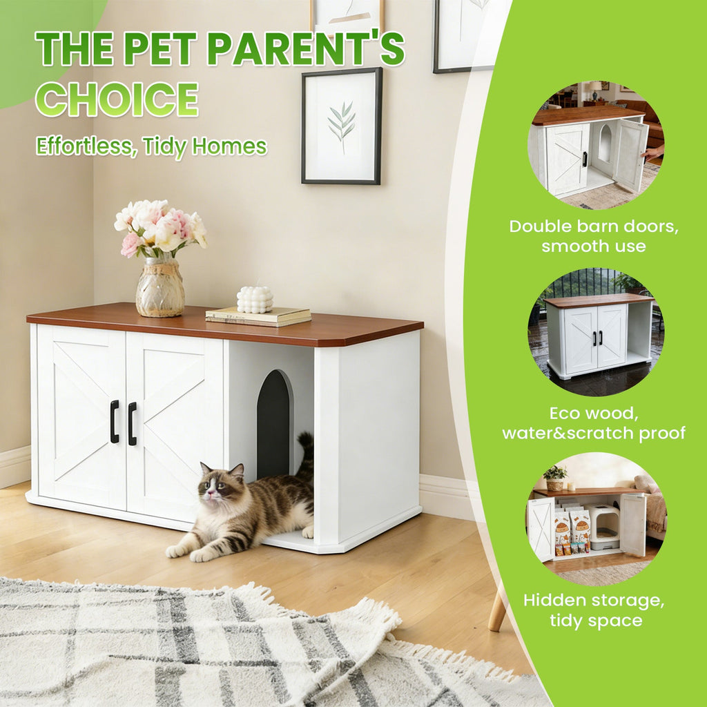 Garvee Modern Wooden Cat Litter Box Furniture – Double-Door Hidden Washroom Cabinet with Side Entry – Easy to Clean, Odor Control – Spacious Cat House End Table – Yunxi White Brown