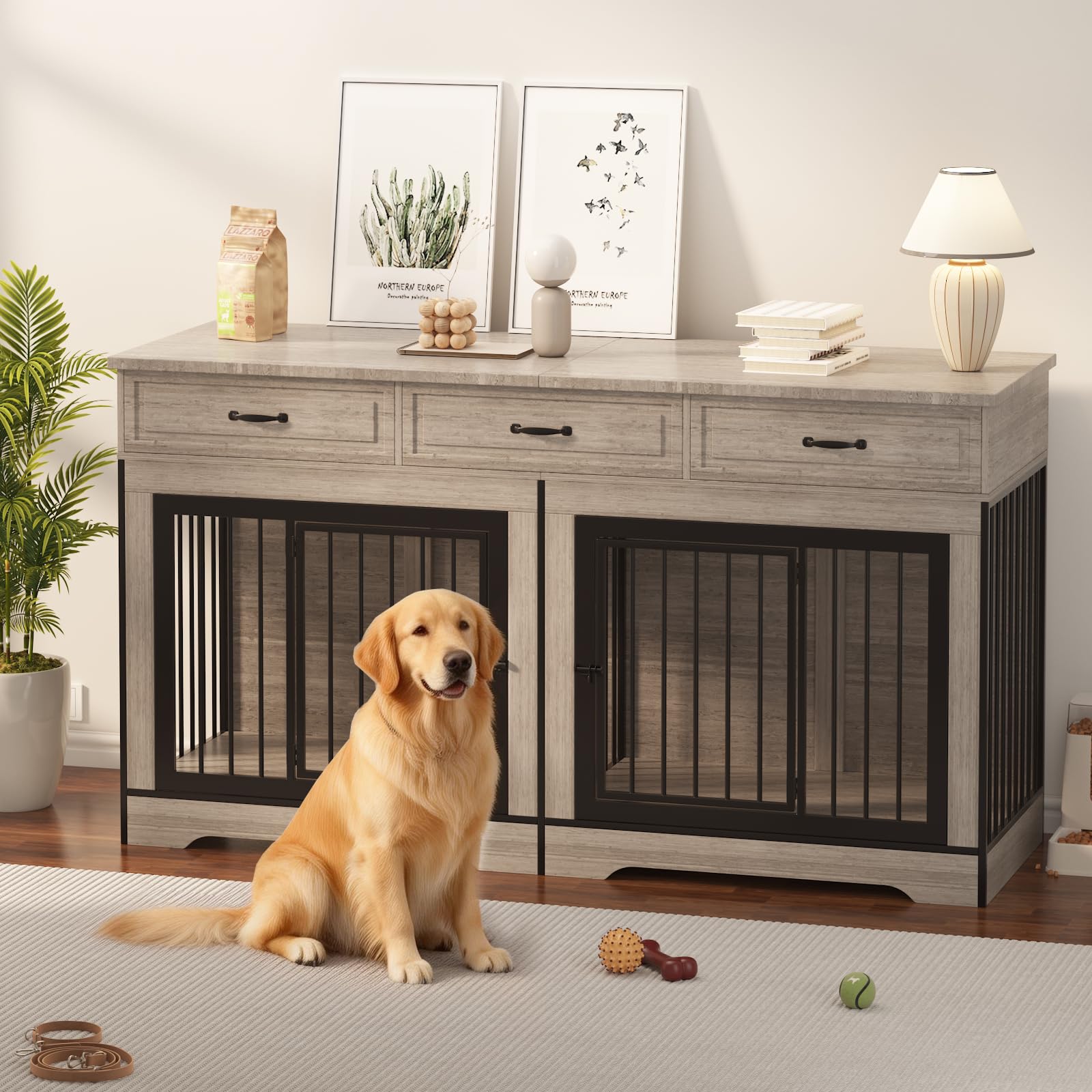 Garvee 71" Dog Crate Furniture for 2 Dogs, Heavy Duty Double Dog Kennel with 3 Drawers, Extra Large Furniture Style Indoor Dog Crate Table TV Stand  for Medium/Large Dogs, Light Gray