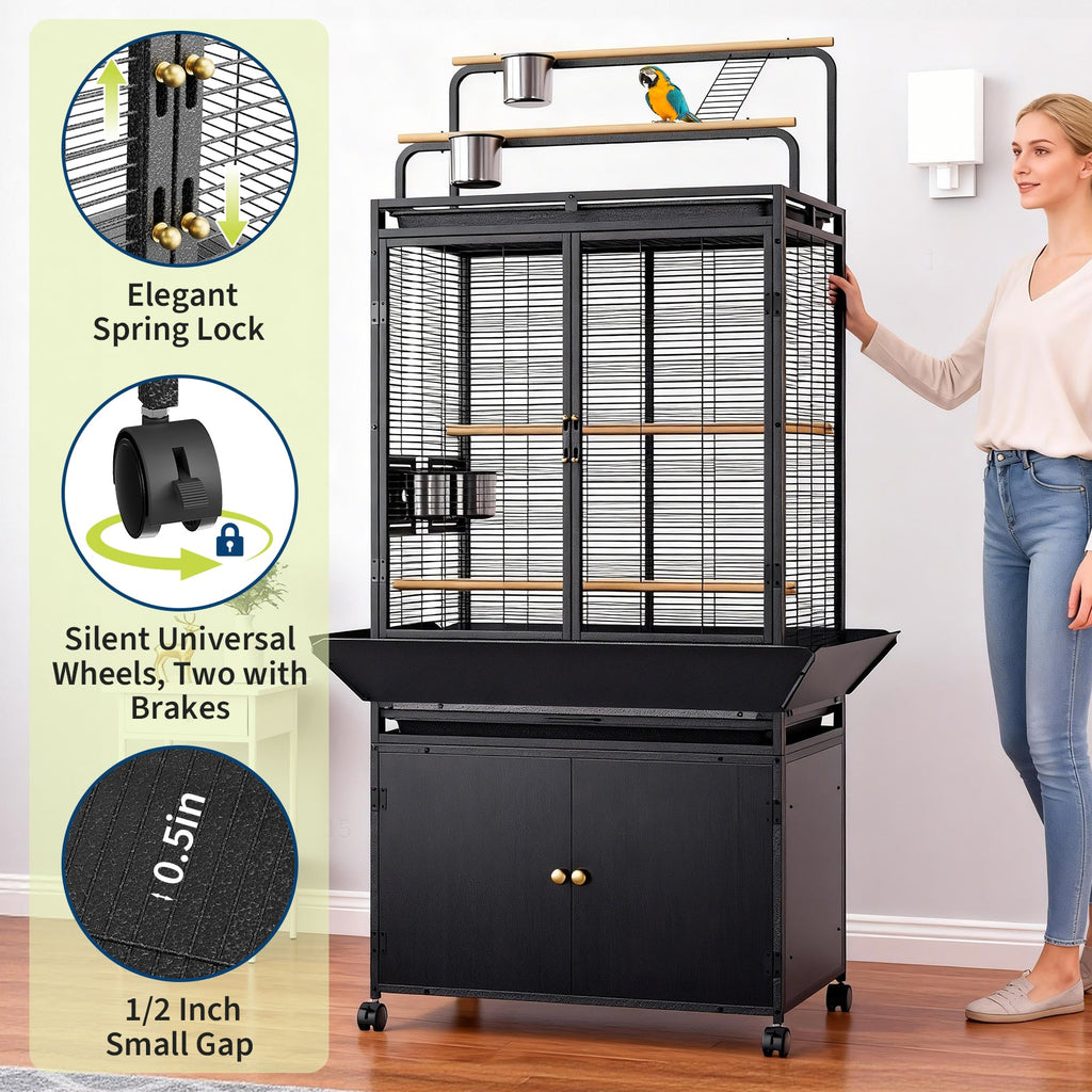 Garvee Large Bird Cage, 71"H Rolling Birdcage with Play Top & Storage Cabinet, Sturdy Metal Flight Cage for Macaw Parakeet Parrot Cockatiel Budgie