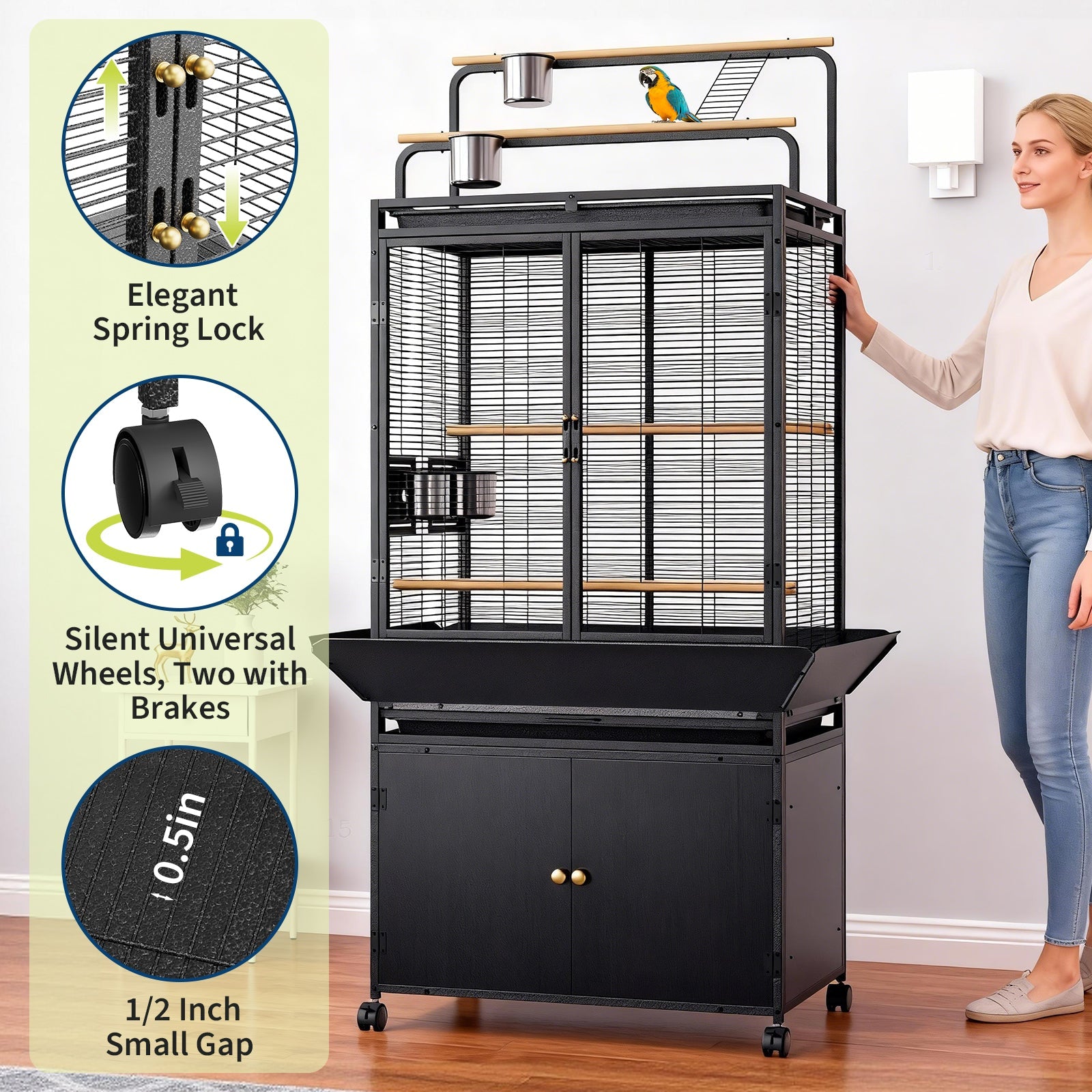 Garvee Large Bird Cage, 71"H Rolling Birdcage with Play Top & Storage Cabinet, Sturdy Metal Flight Cage for Macaw Parakeet Parrot Cockatiel Budgie