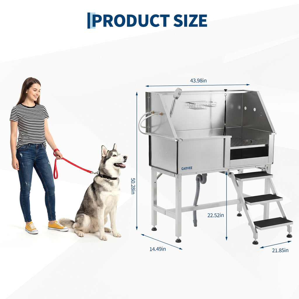Garvee 46 Inch Stainless Steel Dog Washing Station, Heavy Duty Pet Grooming Bathtub with Access Stairs, Brushed Finish, Right Door Options