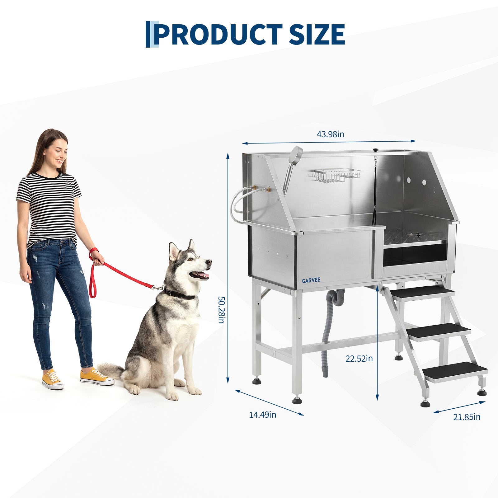 Garvee 46 Inch Stainless Steel Dog Washing Station, Heavy Duty Pet Grooming Bathtub with Access Stairs, Brushed Finish, Right Door Options