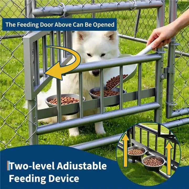 Garvee Large Outdoor Dog Kennel, Heavy Duty Metal Dog Run with Waterproof UV-Resistant Roof, Lockable Door & Rotating Feeder, 7.5×7.5×5.4 ft