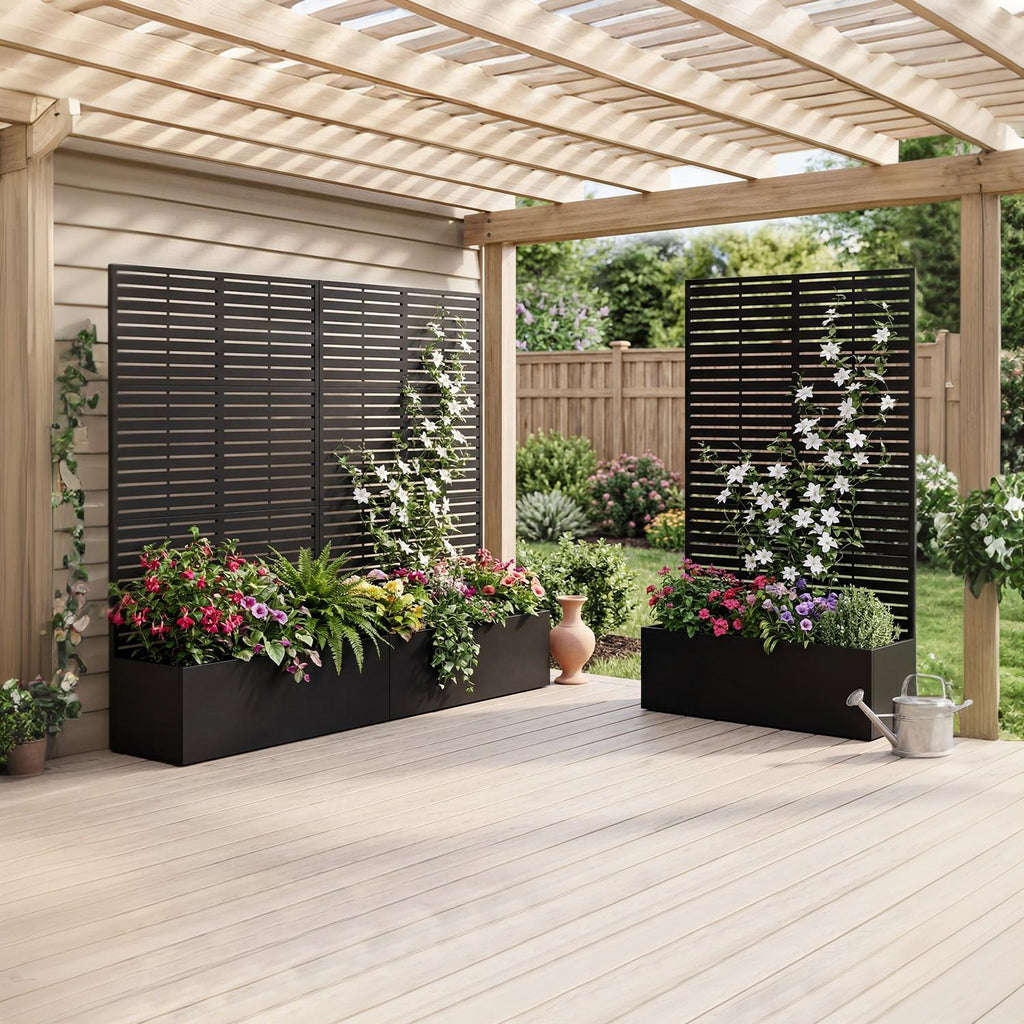 Garvee Raised Planter Box with Trellis for Vines & Vegetables, 71 in All-Weather Metal Garden Bed with Privacy Screen, Drainage Holes and Black Striped Panel