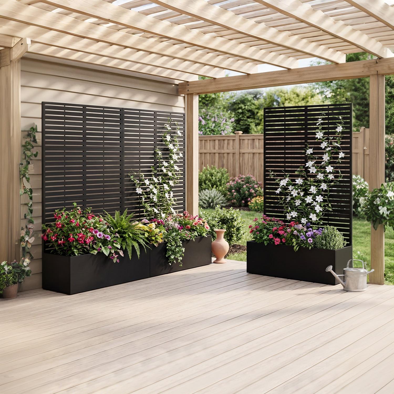 Garvee Raised Planter Box with Trellis for Vines & Vegetables, 71 in All-Weather Metal Garden Bed with Privacy Screen, Drainage Holes and Black Striped Panel