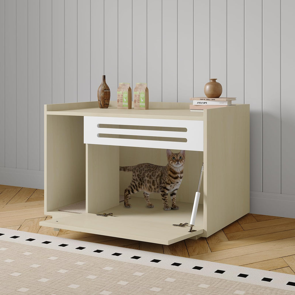 Garvee Dog-Proof & Ventilated Cat Litter Box Enclosure Furniture – Spacious Modern Hidden Wood Cabinet with Turn-Down Door, Easy to Clean, Indoor Pet Privacy House – Wood Color