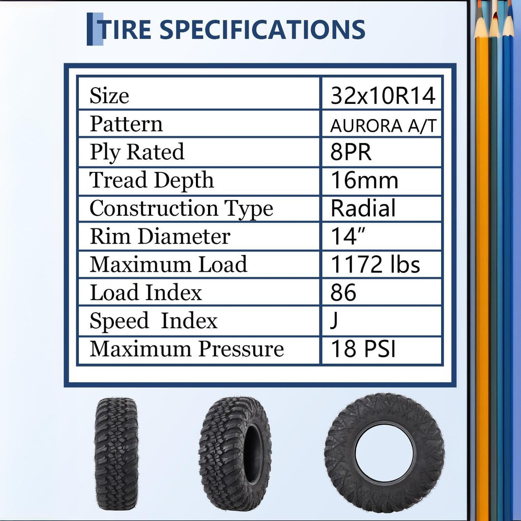 Garvee Heavy Duty 8-Ply Radial UTV/ATV Tires Set of 2 - 32x10R14 - 16mm Deep Grip - 1172 lbs Load Capacity - Reinforced Sidewall Armor - Off-Road Utility Tire for Medium-Hard Terrain - AT32x10R14-8PR TL Northern Lights A/T