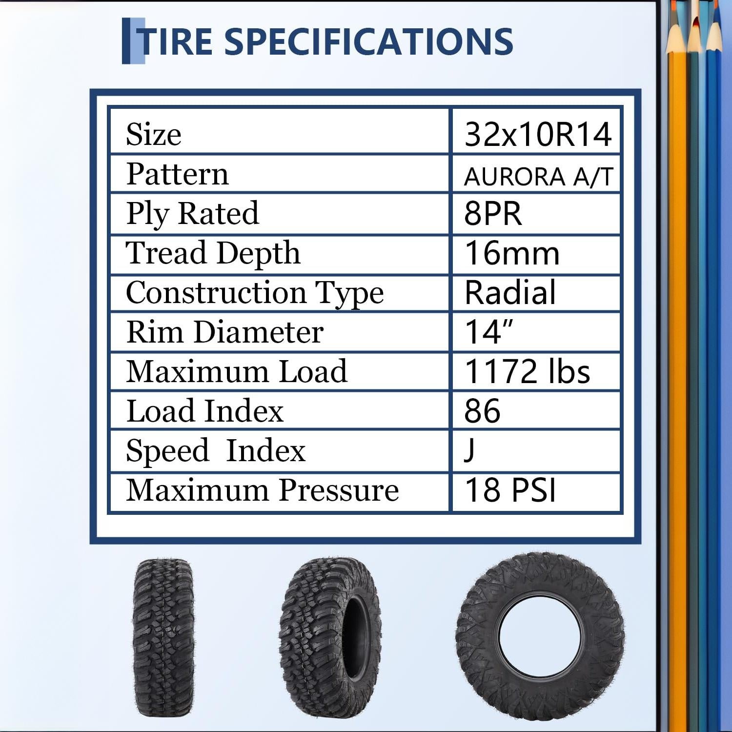 Garvee Heavy Duty 8-Ply Radial UTV/ATV Tires Set of 2 - 32x10R14 - 16mm Deep Grip - 1172 lbs Load Capacity - Reinforced Sidewall Armor - Off-Road Utility Tire for Medium-Hard Terrain - AT32x10R14-8PR TL Northern Lights A/T