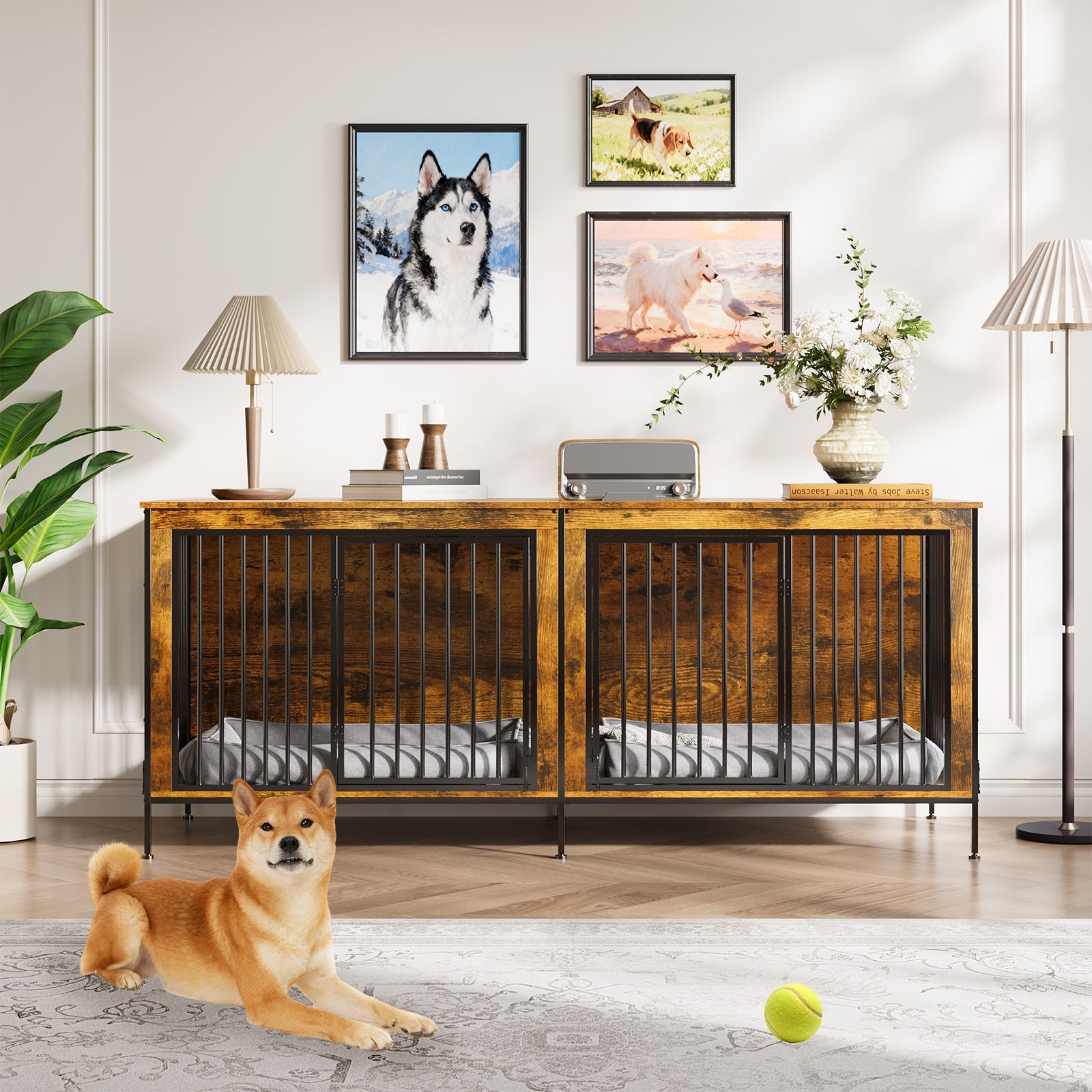 Garvee XL Dog Crate Furniture for 2 Dogs, Heavy Duty Double Dog Crates for Medium/Large Dogs, Dog Kennel Furniture Indoor As TV Stand, Extra Large 78.74"w, Rustic Brown
