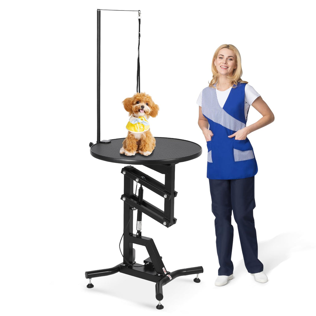 Garvee 24" Hydraulic Dog Grooming Table, Heavy Duty 360° Rotating Grooming Table Adjustable Overhead Arm & Noose for Small Dogs, Round Pet Grooming Station, 210 Lbs Weight Capacity, Black