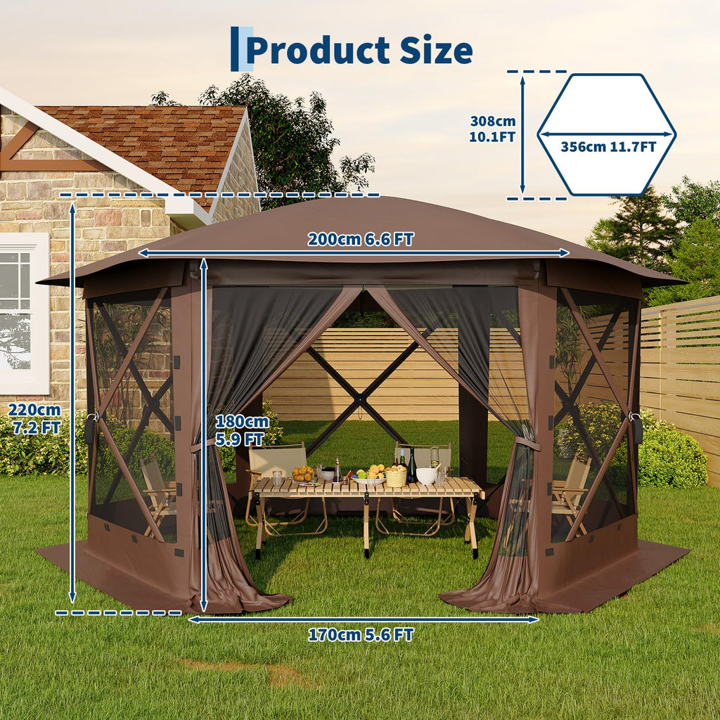 Garvee Screen Tent, 11.5 x 11.5 FT 6-Sided Khaki Canopy with Removable Top and Quick-Set Frame for Camping, Backyard and Patio Shade
