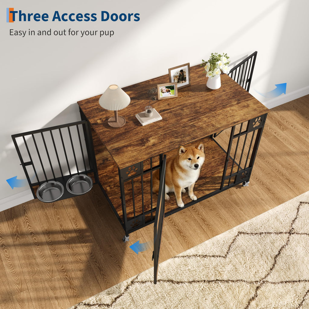 Garvee Modern Triple Door Dog Crate Furniture – 41" Heavy Duty Wooden Kennel with Feeding Bowls & Wheels – End Table Pet Cage for Medium & Large Dogs – Antique Brown