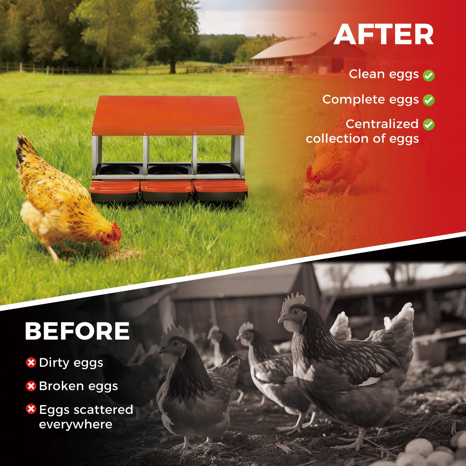 Garvee 3-Compartment Galvanized Steel Chicken Nesting Box – Roll-Away Tray & Support Stand, Orange