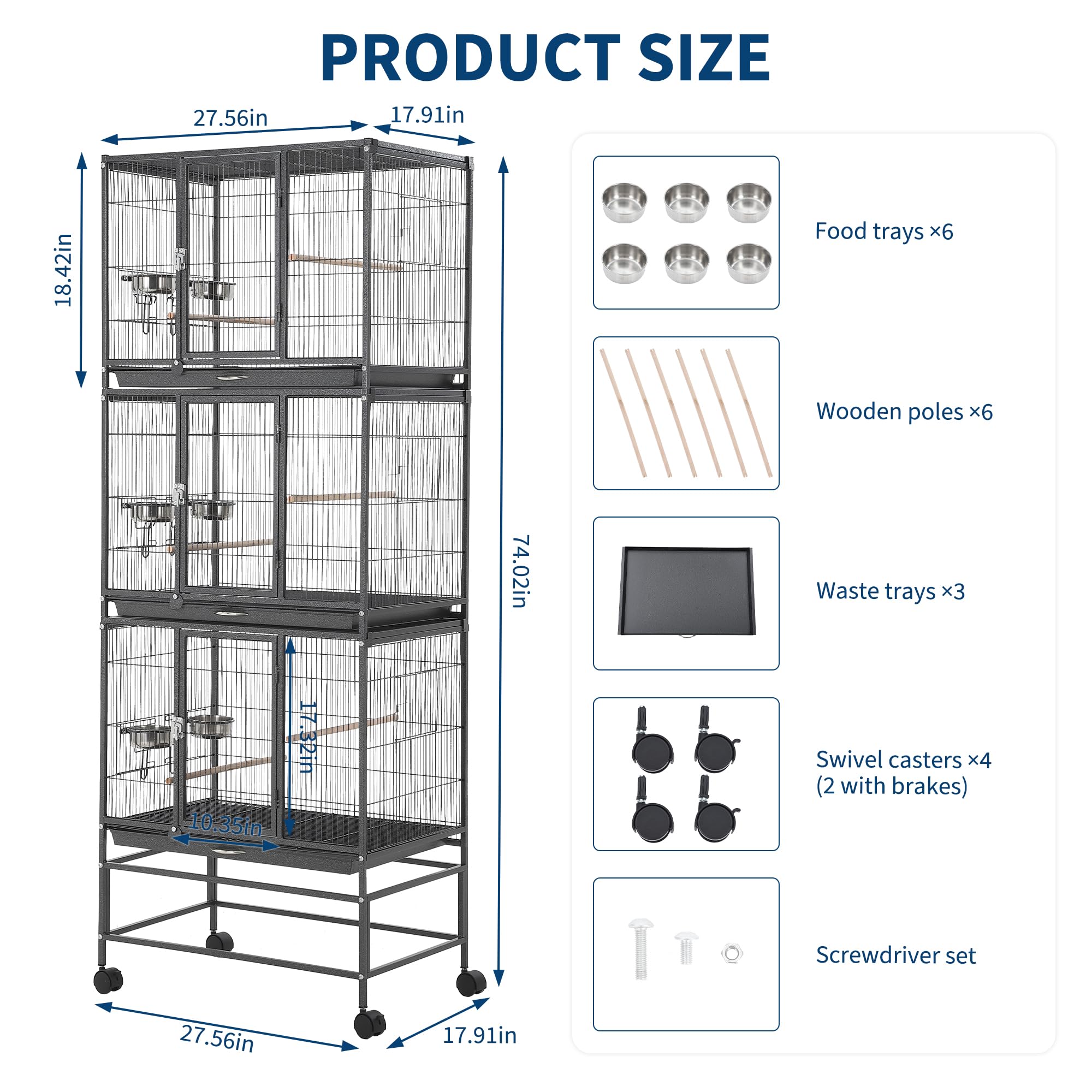 Garvee Heavy Duty Carbon Steel Bird Cage - 74 Inch Stackable Aviary with 3 Dividable Compartments, Removable Trays, Spacious Flight Enclosure for Parakeets, Cockatiels, Conures, Finches - Silver Black