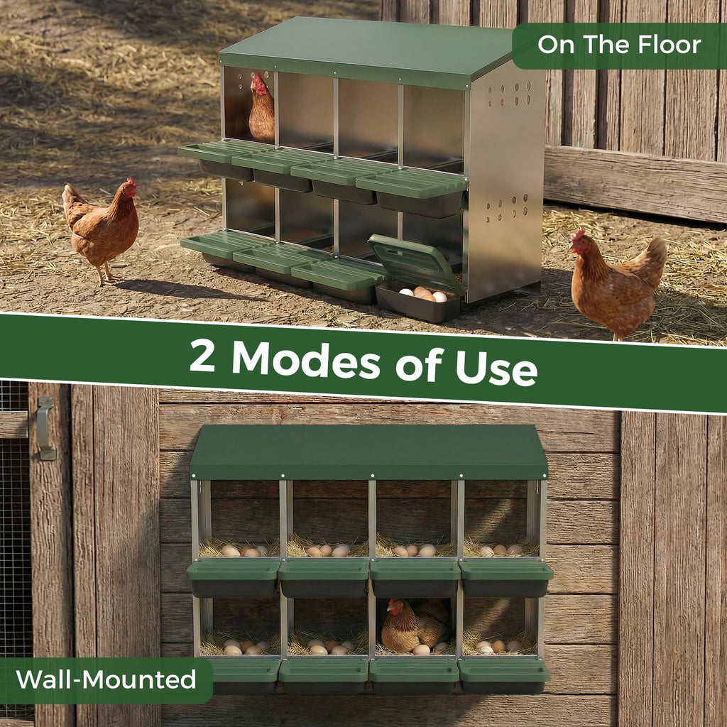Garvee 8-Hole Chicken Nesting Box with Roll Away Design, Ventilation Holes, Galvanized Steel, Removable Lid, Easy Egg Collection, Green, for Chicken and Duck Coops