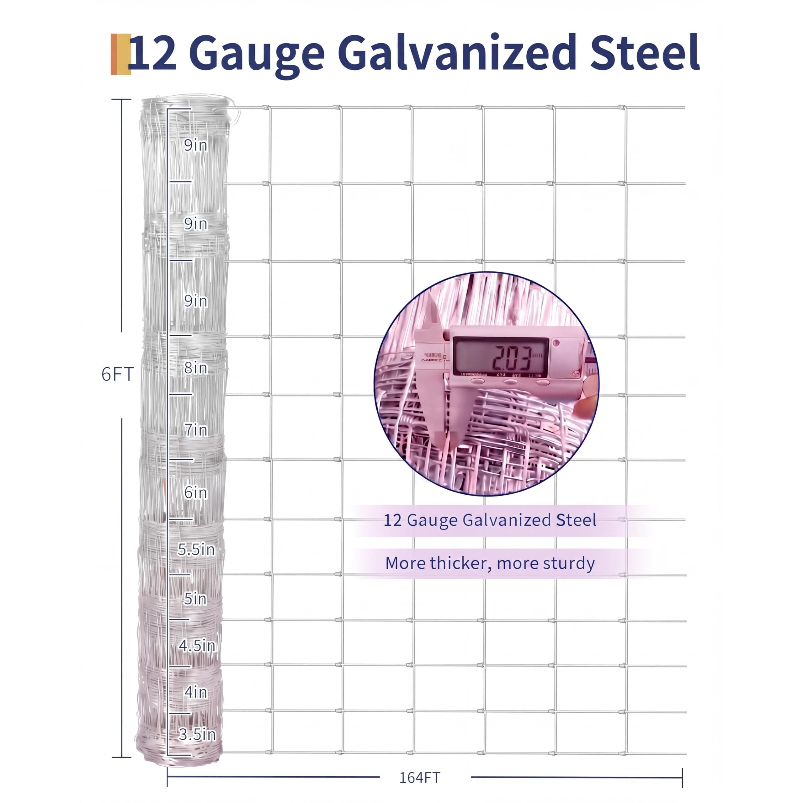 Garvee Cattle Farm Fence 6Ft x 164Ft, 12 Gauge Heavy Galvanized Steel Wire Fencing Outdoor for Livestock Control/Pet Supplies/Farmer/Agriculture/Pasture/Cross Fencing/Horse/Goat/Deer/Pig/Sheep/Garden