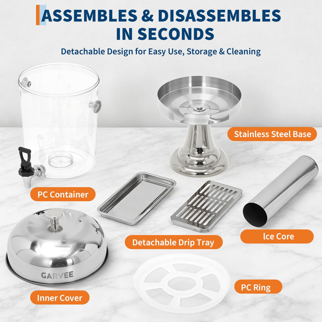 Garvee 6.6 Gallon Commercial Drink Dispenser, Stainless Steel Beverage Dispenser with Ice Core, Stand & Spigot for Cold Juice, Iced Tea and Lemonade at Parties & Weddings, Silver