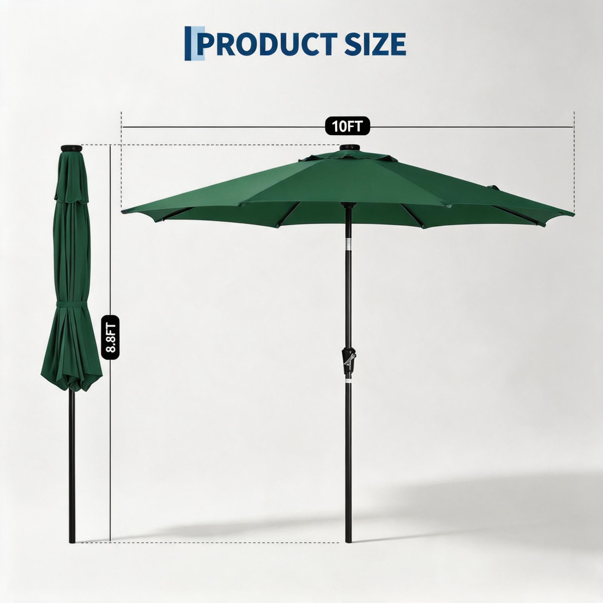 Garvee 10 FT Solar LED Patio Umbrella with 32 Lights, Round Outdoor Market Umbrella with Crank Lift, Push-Button Tilt and 8 Iron Ribs for Table, Deck, Garden and Pool, Dark Green