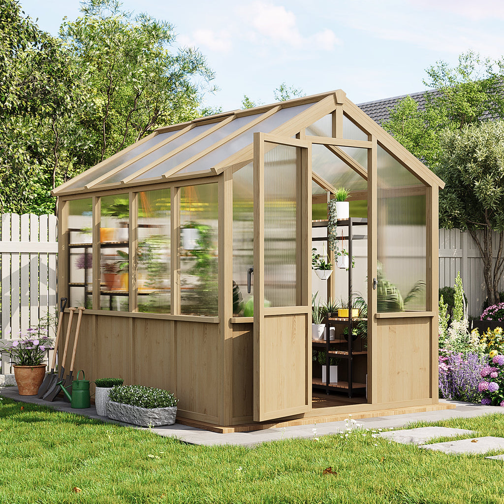 Garvee 6x8 FT Walk-In Wooden Greenhouse for Outdoors – Heavy Duty Spruce Frame, PC Panels, Adjustable Roof Vents, Lockable Door – Large Outdoor Storage for Garden, Patio, Lawn – 6x8 Natural Wood Color