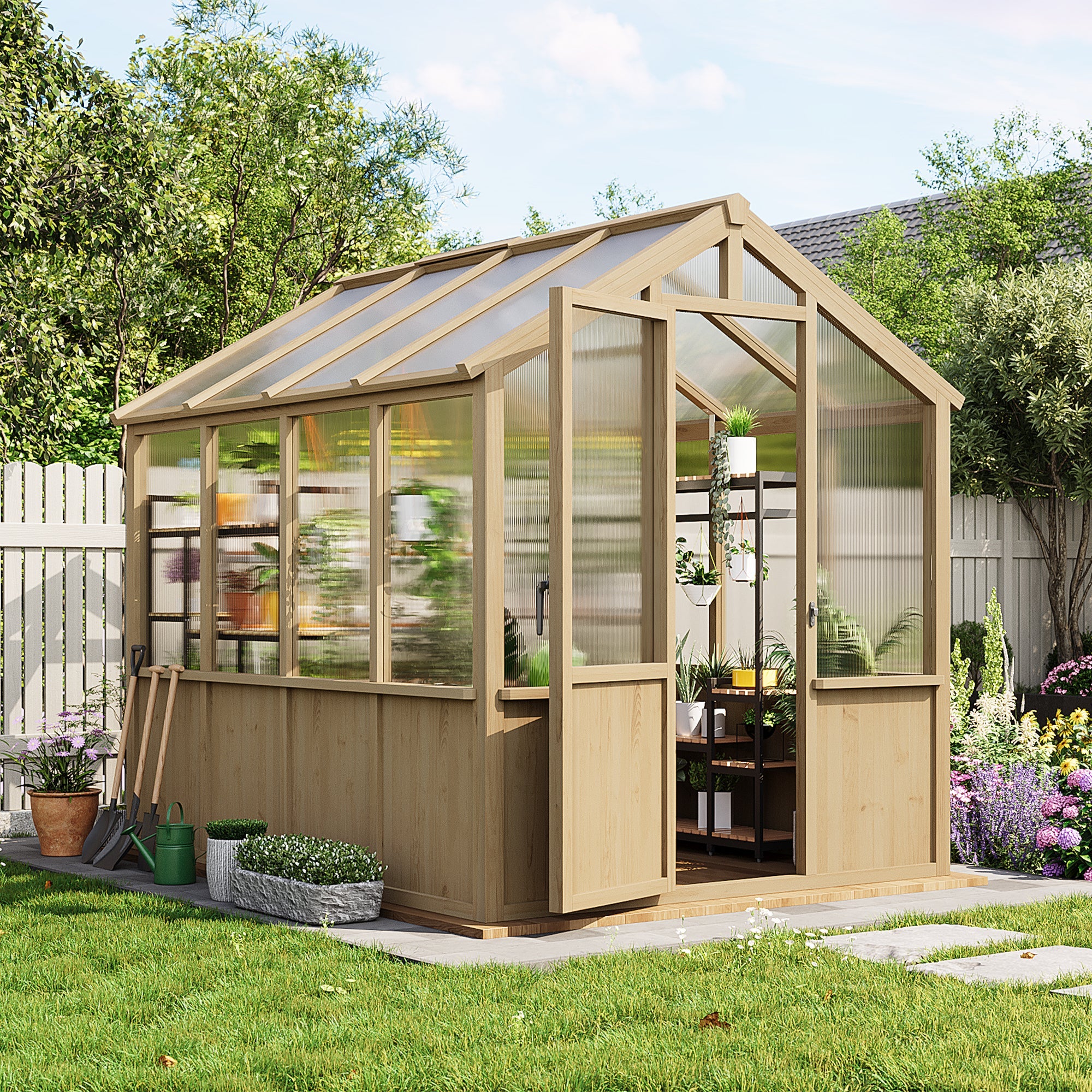 Garvee 6x8 FT Walk-In Wooden Greenhouse for Outdoors – Heavy Duty Spruce Frame, PC Panels, Adjustable Roof Vents, Lockable Door – Large Outdoor Storage for Garden, Patio, Lawn – 6x8 Natural Wood Color