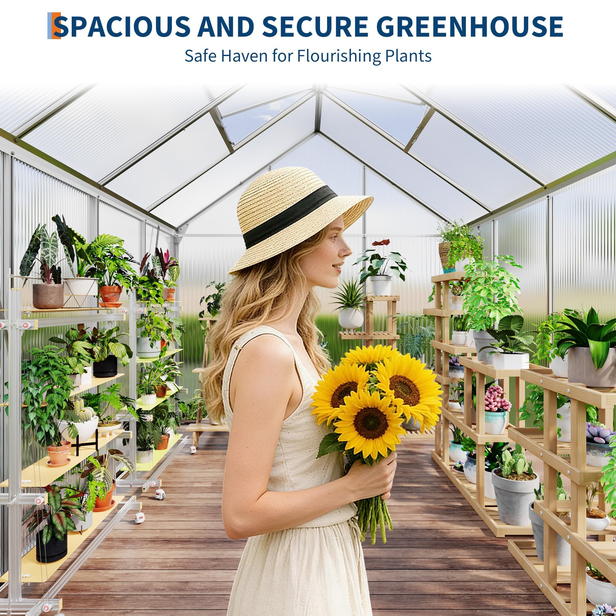Garvee 6 x 8 FT Polycarbonate Greenhouse with Aluminum Frame, Sliding Door & Adjustable Roof Vent, Heavy-Duty Outdoor Greenhouse for Backyard, Garden, Patio