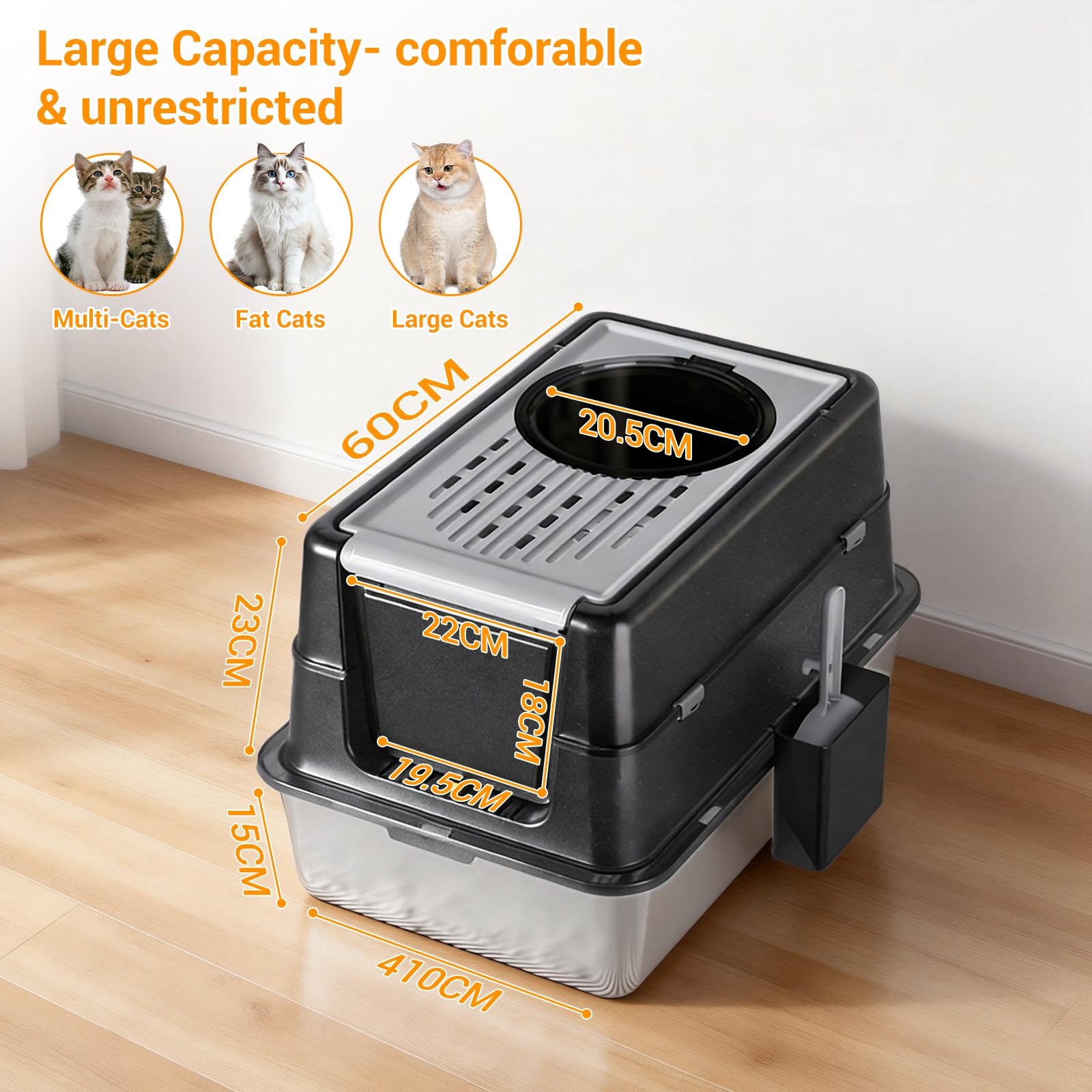 Garvee Extra Large Stainless Steel Cat Litter Box – Dual Front & Top Entry, 180° Turn Over-Top Enclosed Design, Leak-Proof, Odor Control, Easy Clean, Anti-Slip Base – For Large or Multi-Cat Households – Deep Black – Size: 60x40x38.5cm