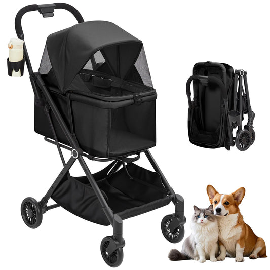 Garvee Foldable 4-Wheel Pet Stroller for Dogs & Cats -Dog Stroller, Lightweight Travel Carrier for Small to Medium Pets Up to 50 LBS, 360° Swivel Front Wheels, Foot Brake, Breathable Mes