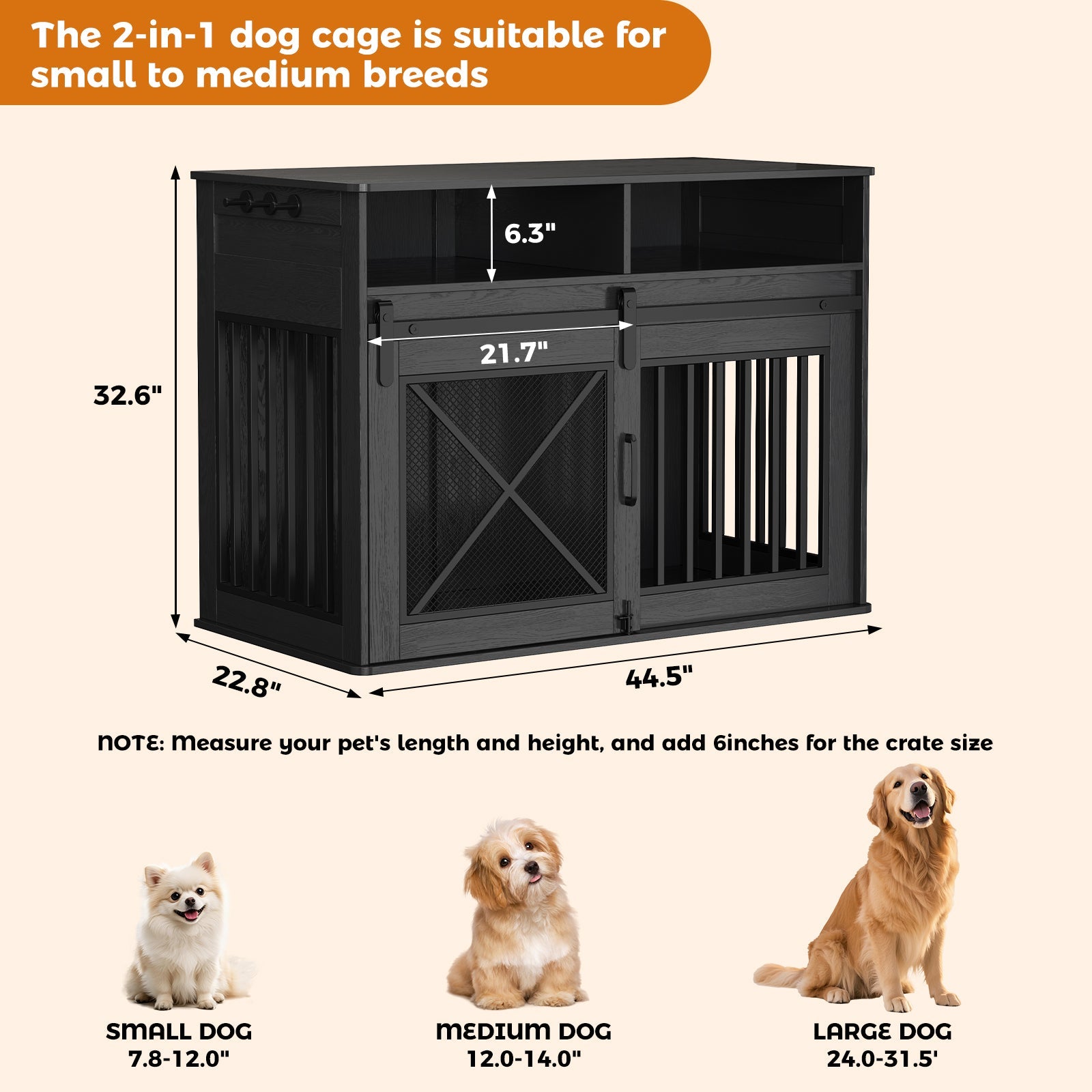 Garvee 44.5 Inch Large Dog Crate Furniture with 2 Storage Self, Wooden Dog Kennel Furniture As End Table, Decorative Pet Cage Dog House Indoor for Medium/Large Dogs, Chew-Proof, Black
