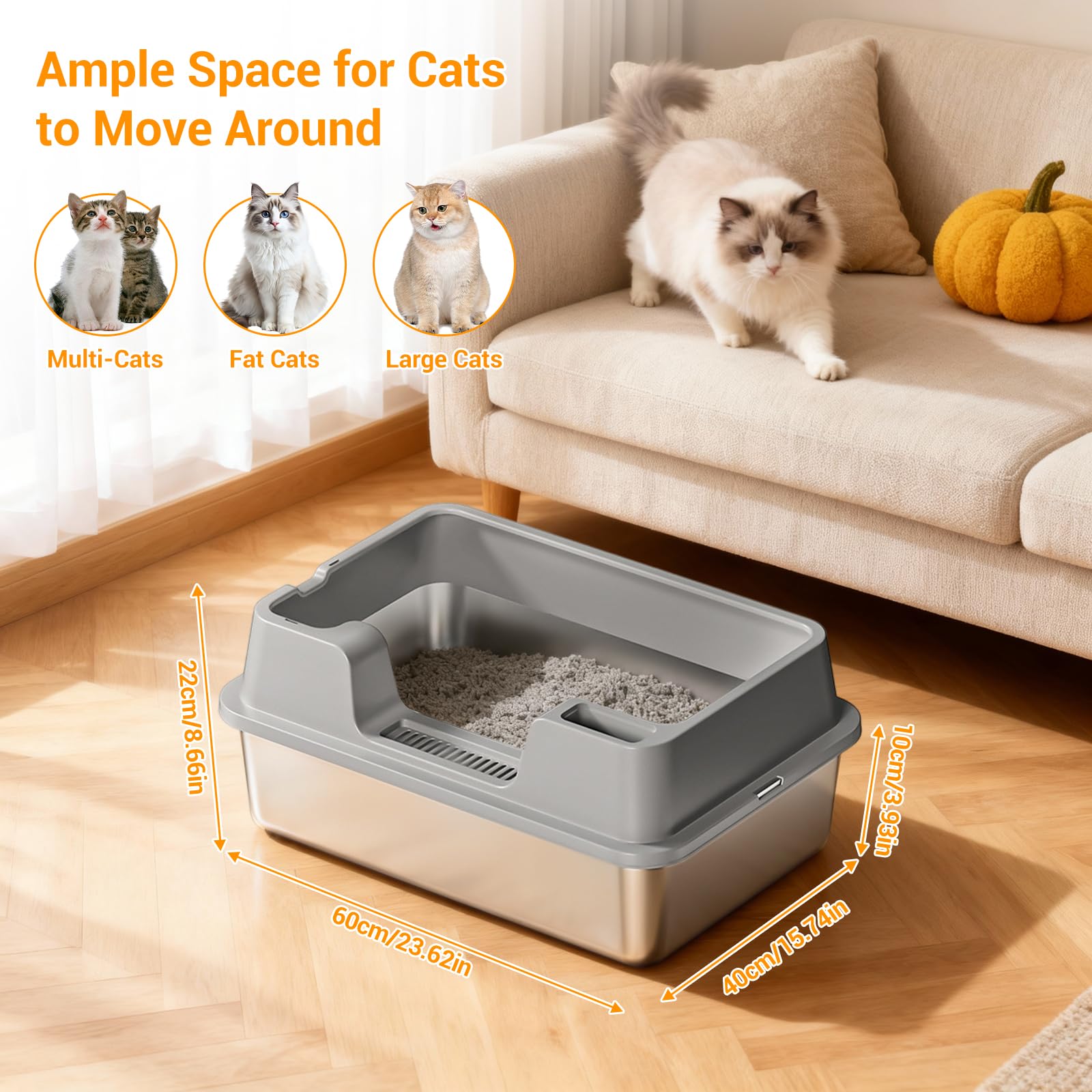 Garvee Extra Large Stainless Steel Cat Litter Box, High Side Litter Box with Non-Stick, Scoop & Odor-Resistant, Metal Cat Pan for Multiple Cats, Rabbits & Small Pets, Easy to Clean, Gray