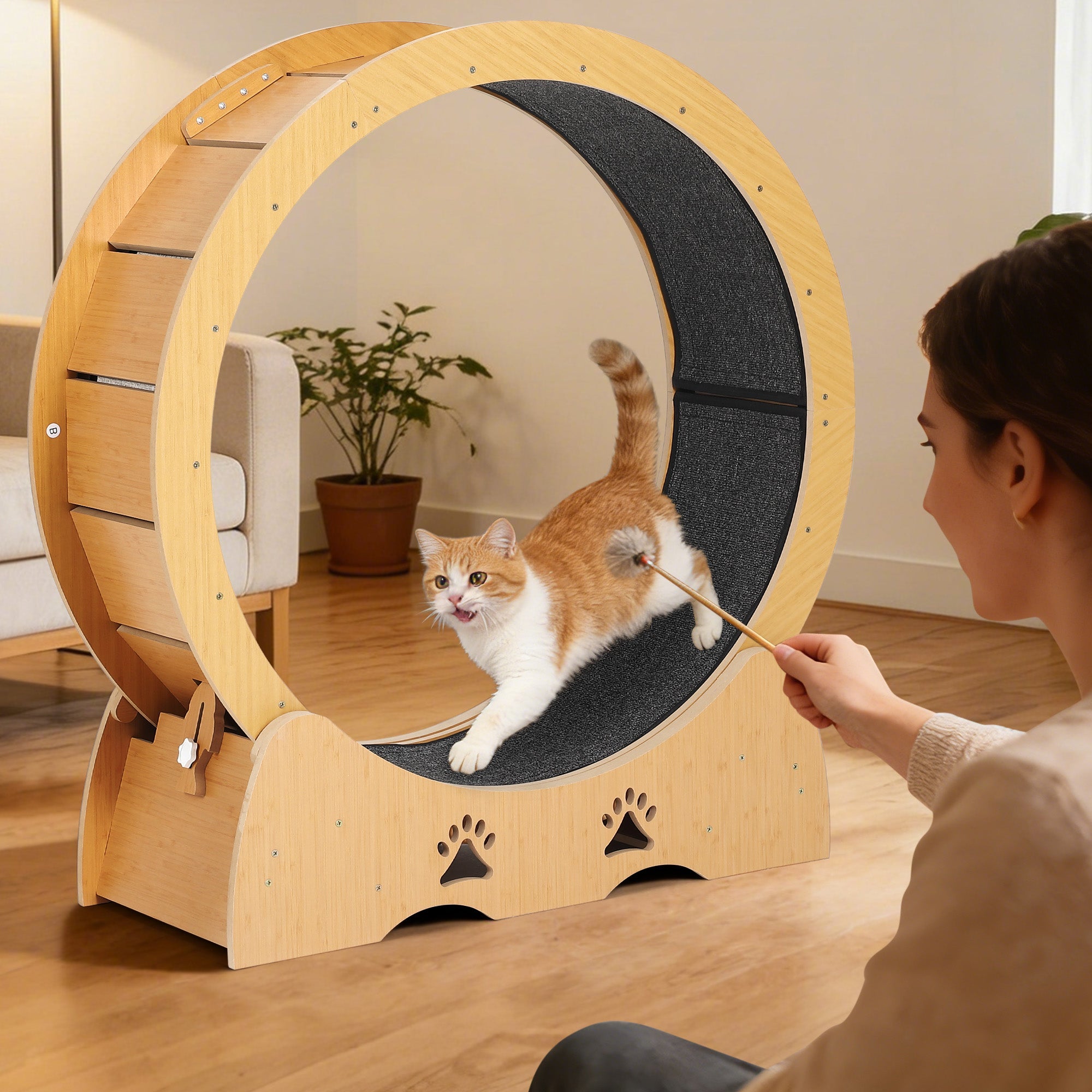 Garvee Large Wooden Cat Exercise Wheel Treadmill, 39" Indoor Running Wheel with Detachable Carpeted Track – Ideal for Cat Fitness, Training, Weight Loss