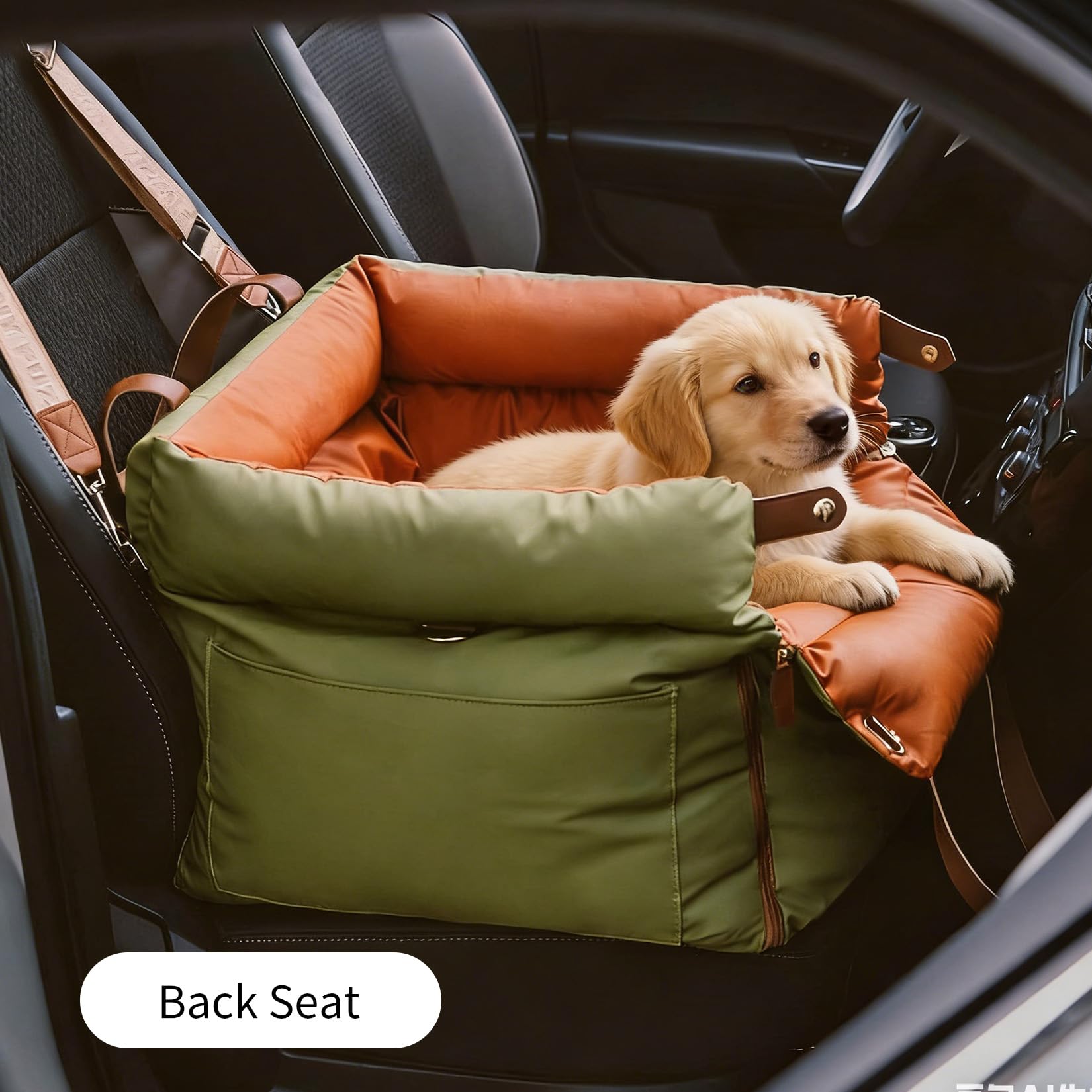 Garvee Dog Booster Car Seat, Waterproof PU Leather Upholstered Cat Bed for Car with Storage Pockets, Portable Pet Seat, Bite-Resistant, Perfect for Travel and Home