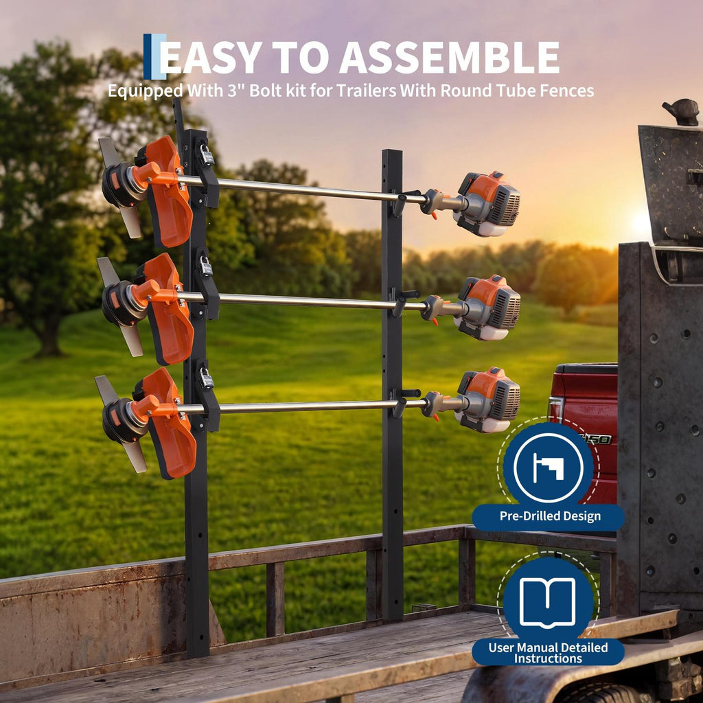 Garvee Heavy Duty 3-Place Weed Eater Rack for Trailers – Global Steel Trimmer Holder with 3 Locks & Foam Pads – Secure Storage for Landscaping Equipment – Fits Open and Enclosed Utility Trailers – Can Hold 3