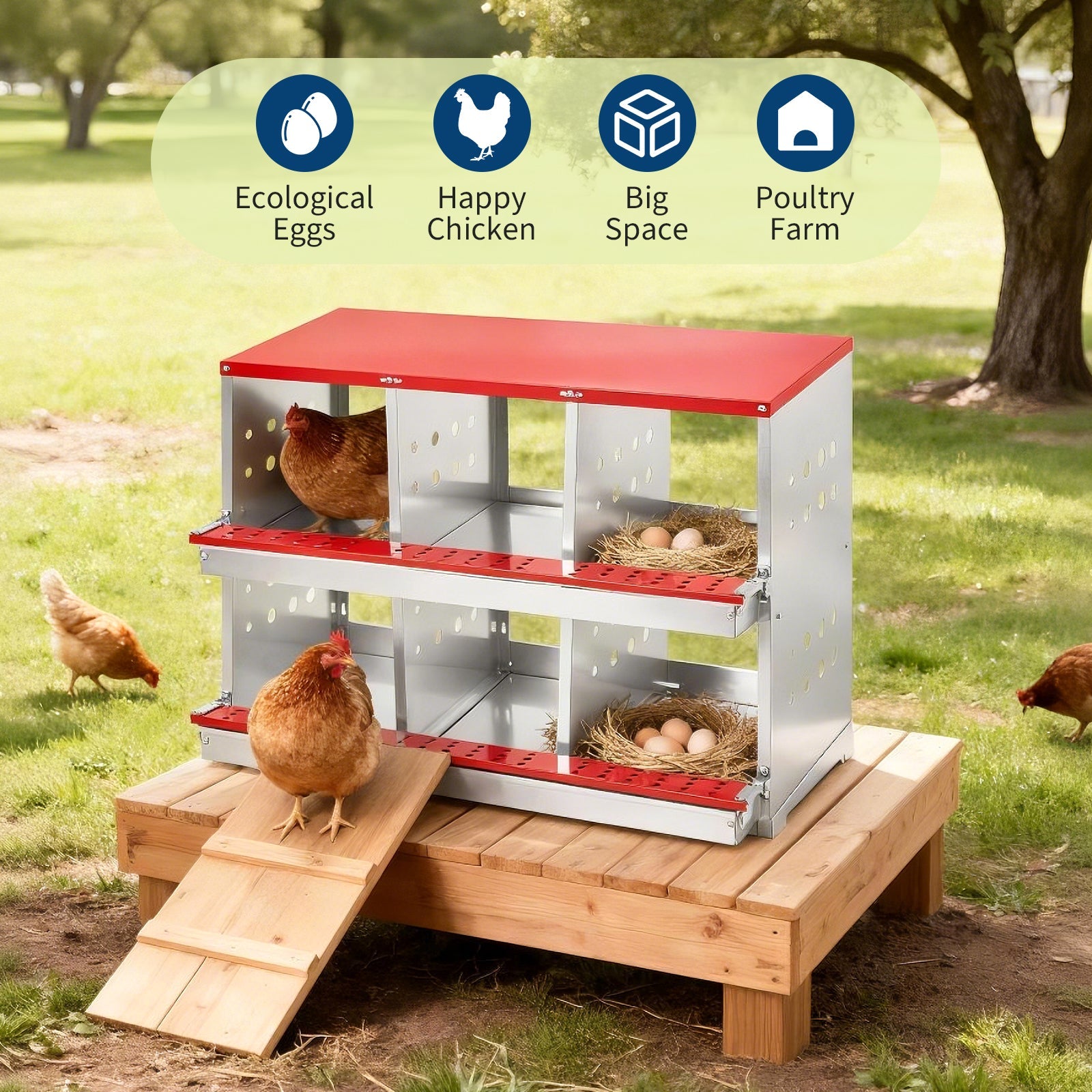 Garvee 6-Compartment Galvanized Steel Chicken Nesting Box – Rollaway Egg Collection, Turn-Over Lid, Red